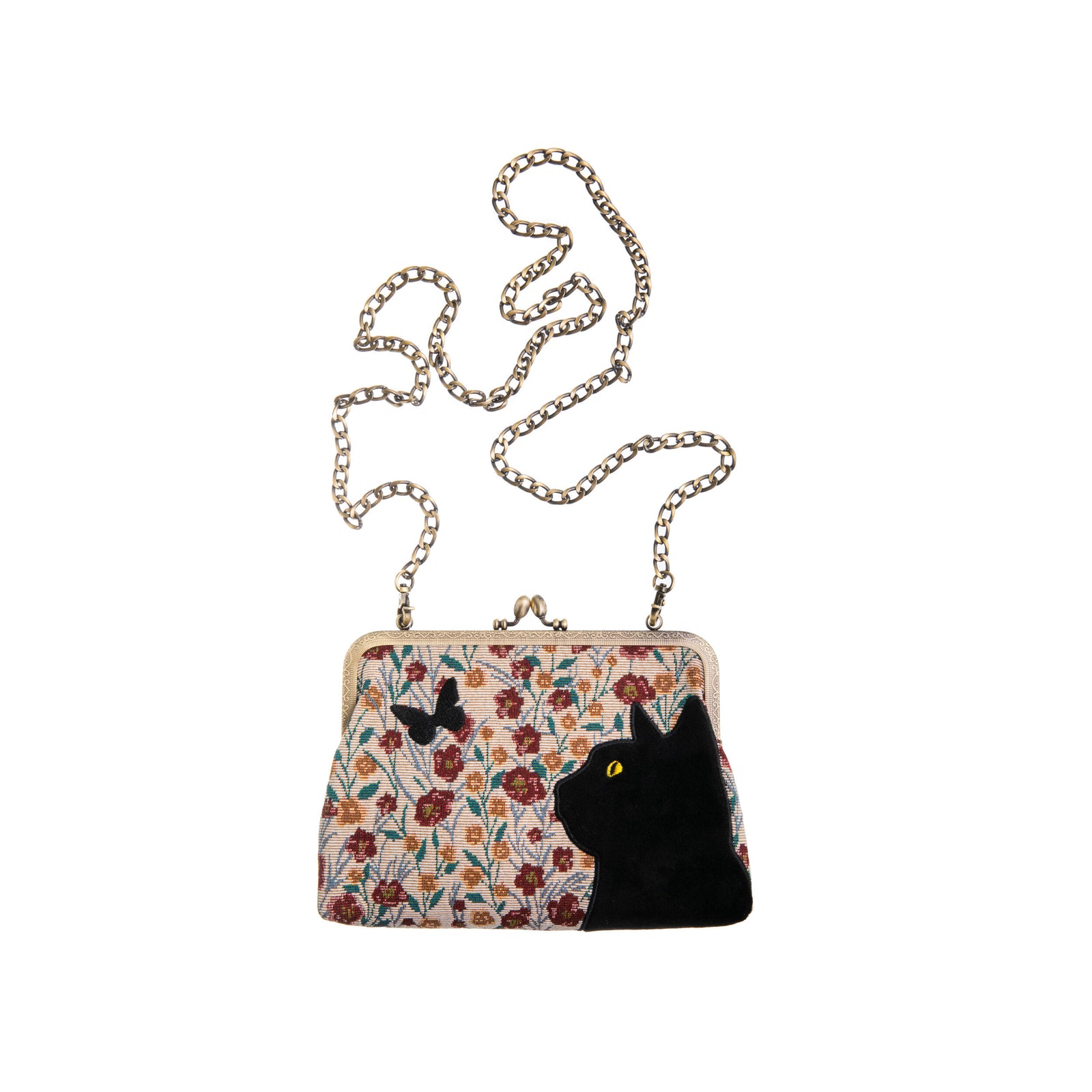 Handbag with floral pattern and black cat design on a white background