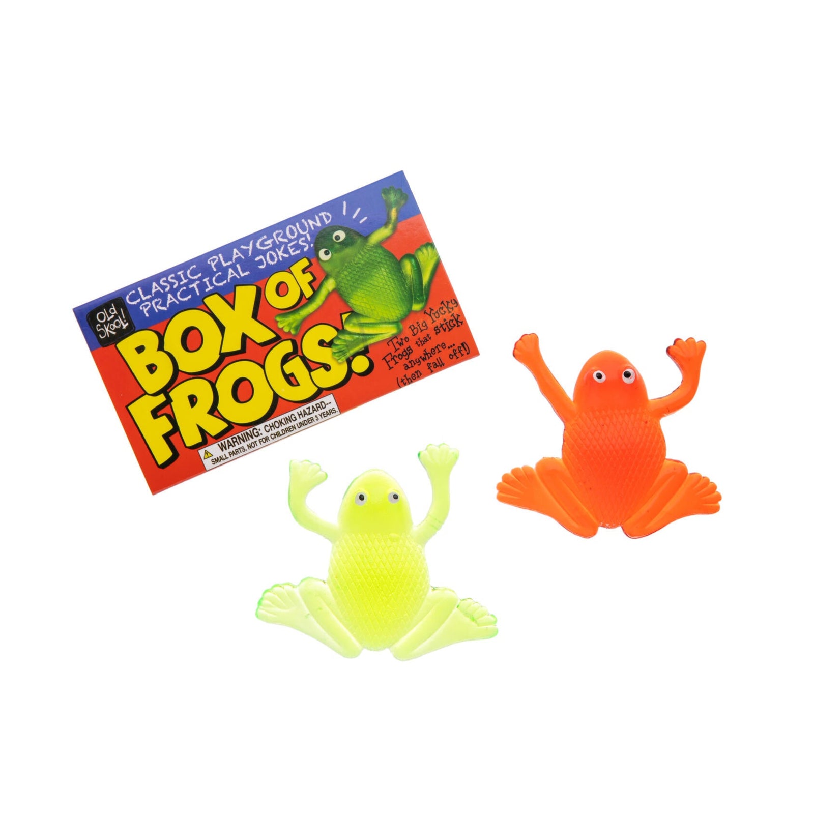 Box of Frogs toy with two colorful frogs on a white background
