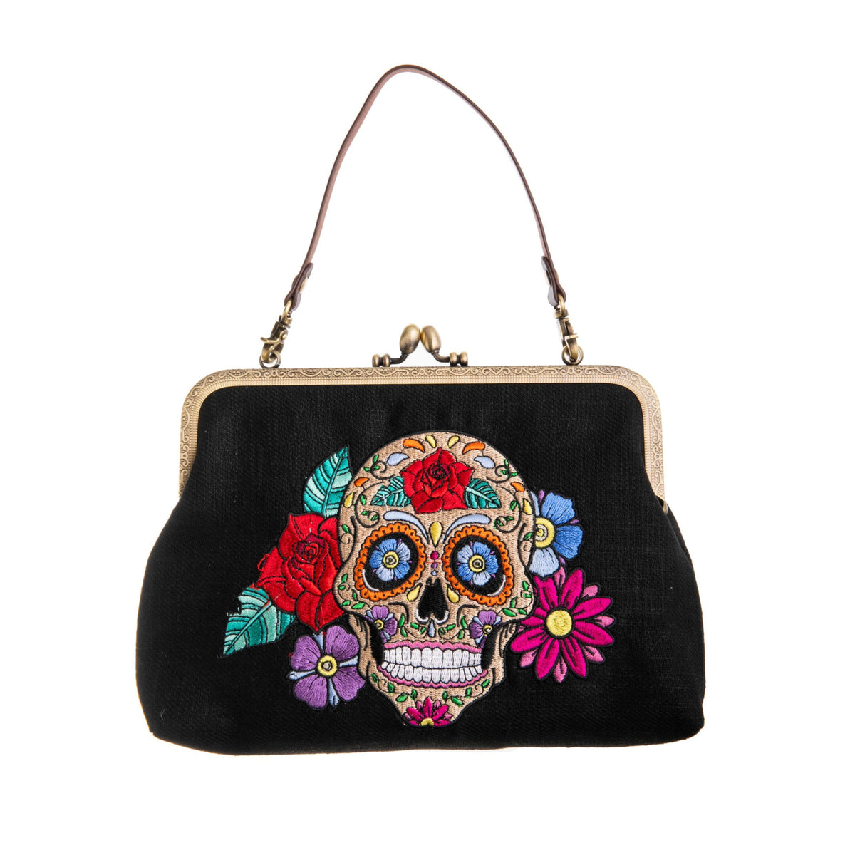 Black handbag with a colorful skull design on a white background