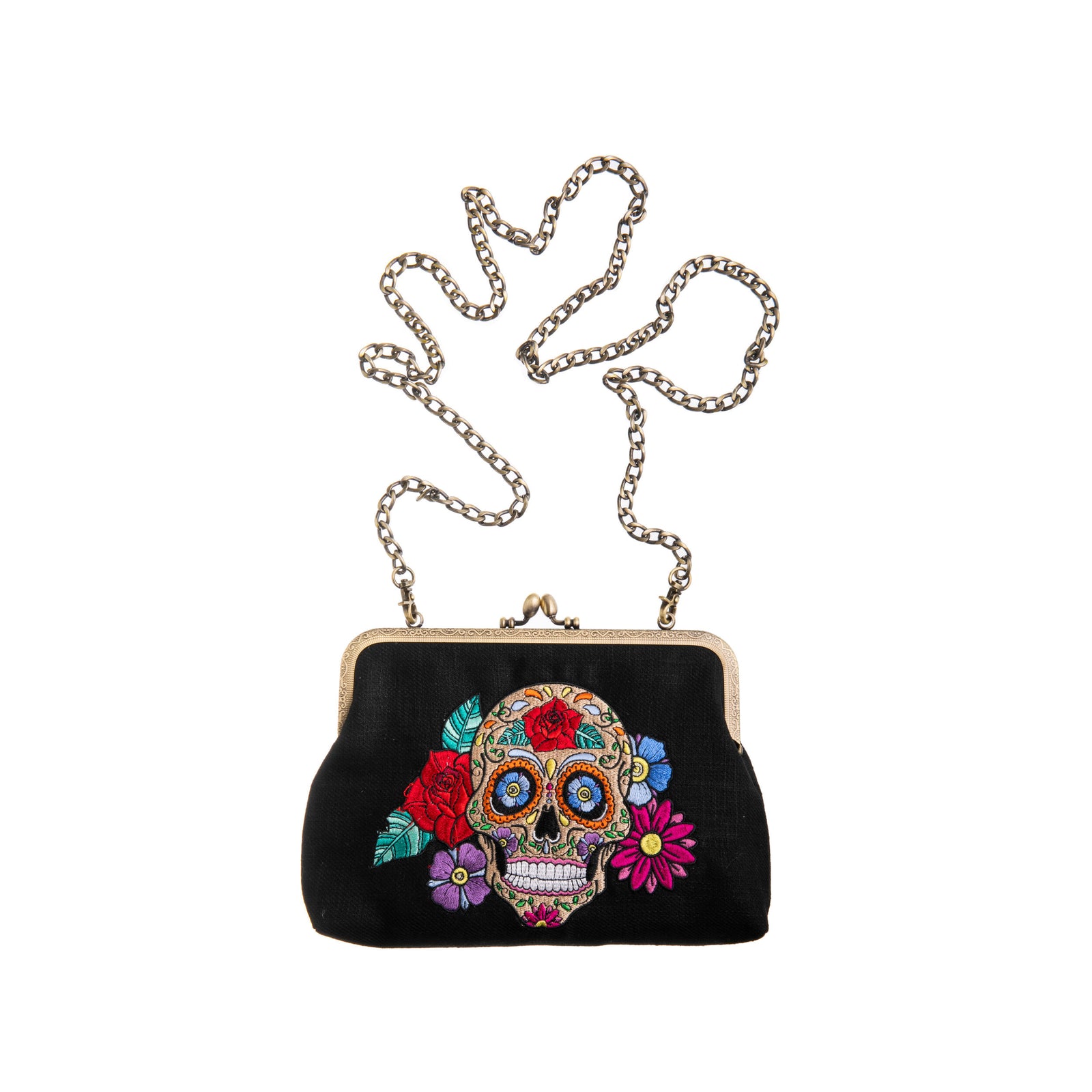 Black handbag with a colorful skull design on a white background