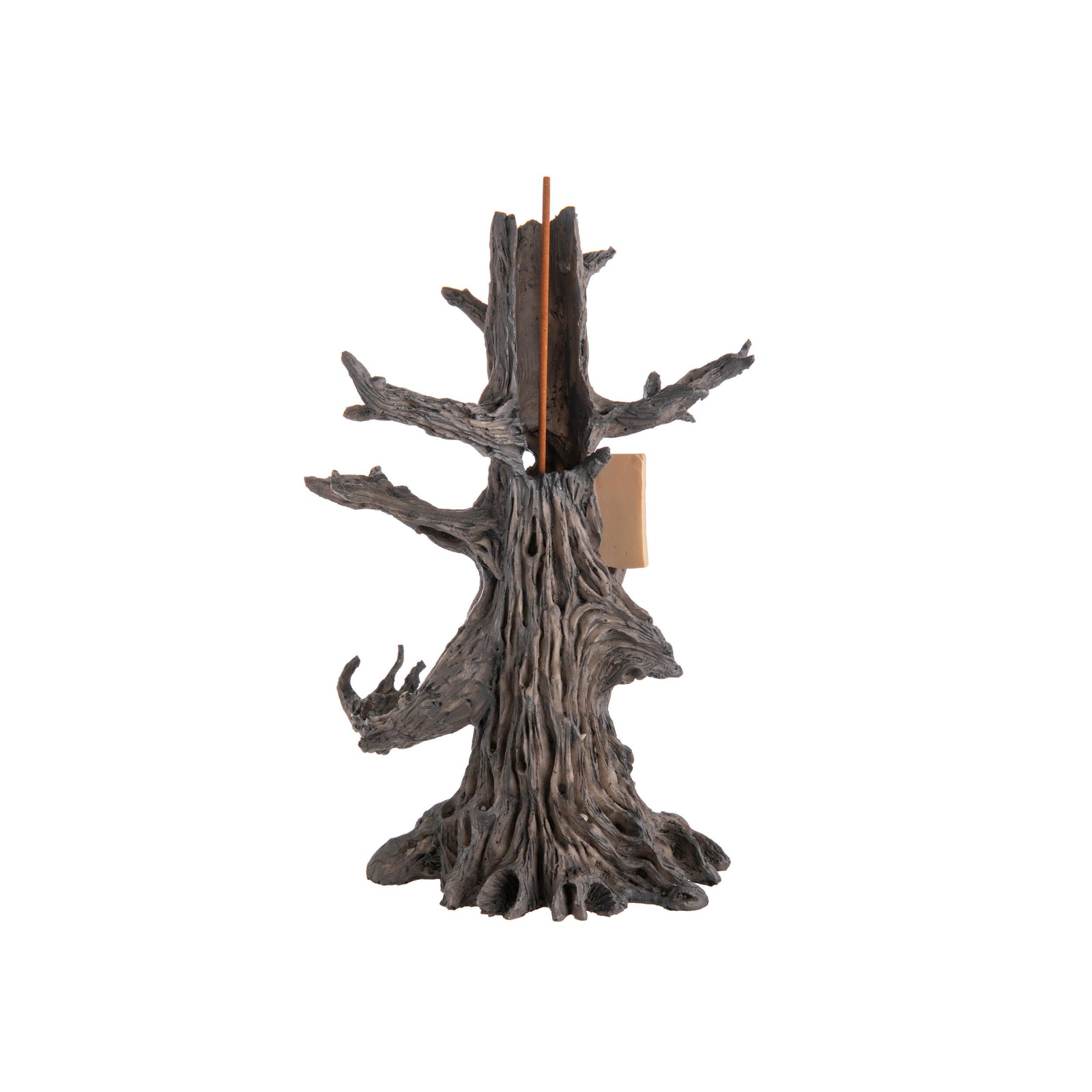 Tree-like figurine holding a book on a white background