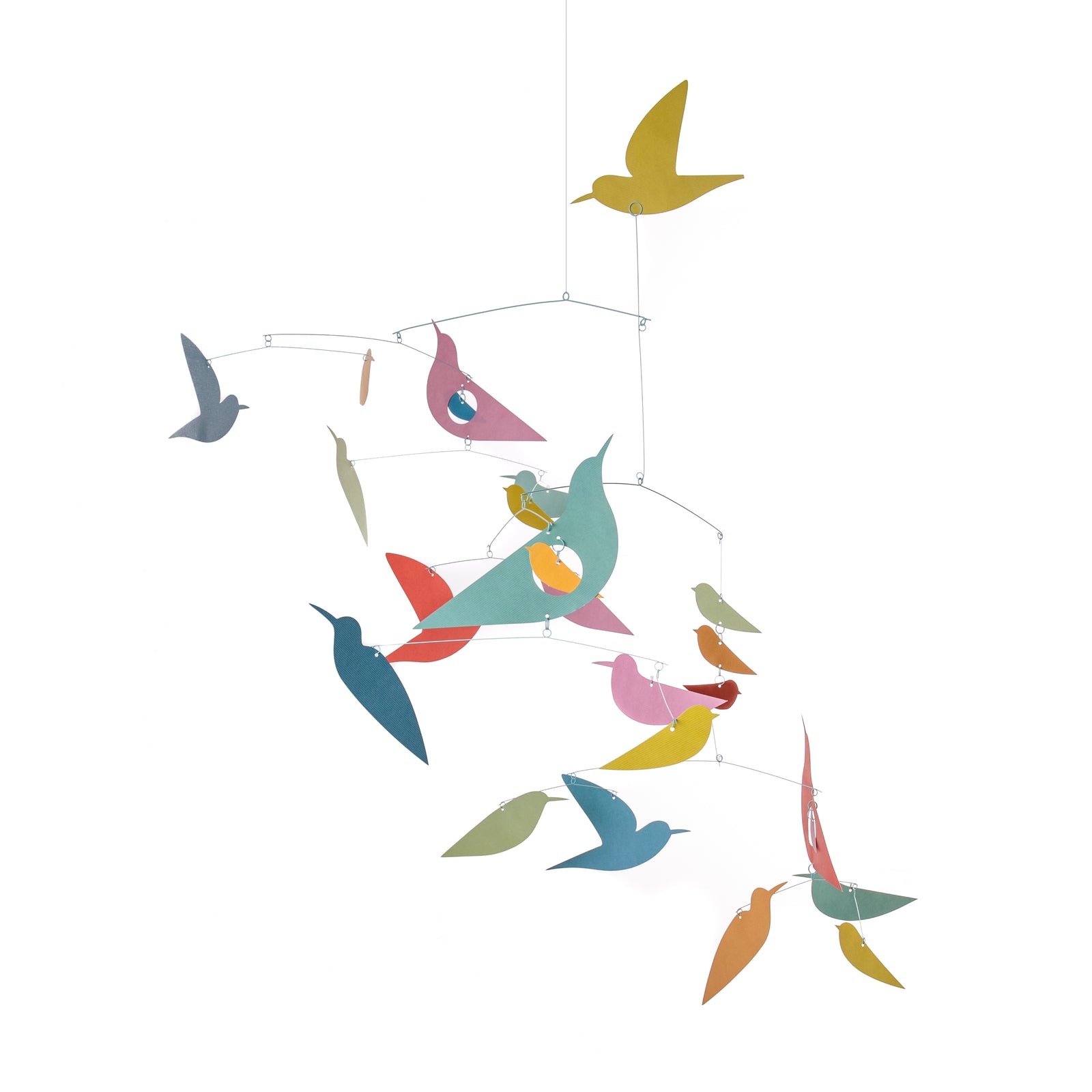A colorful paper mobile with various bird shapes hanging against a white background.
