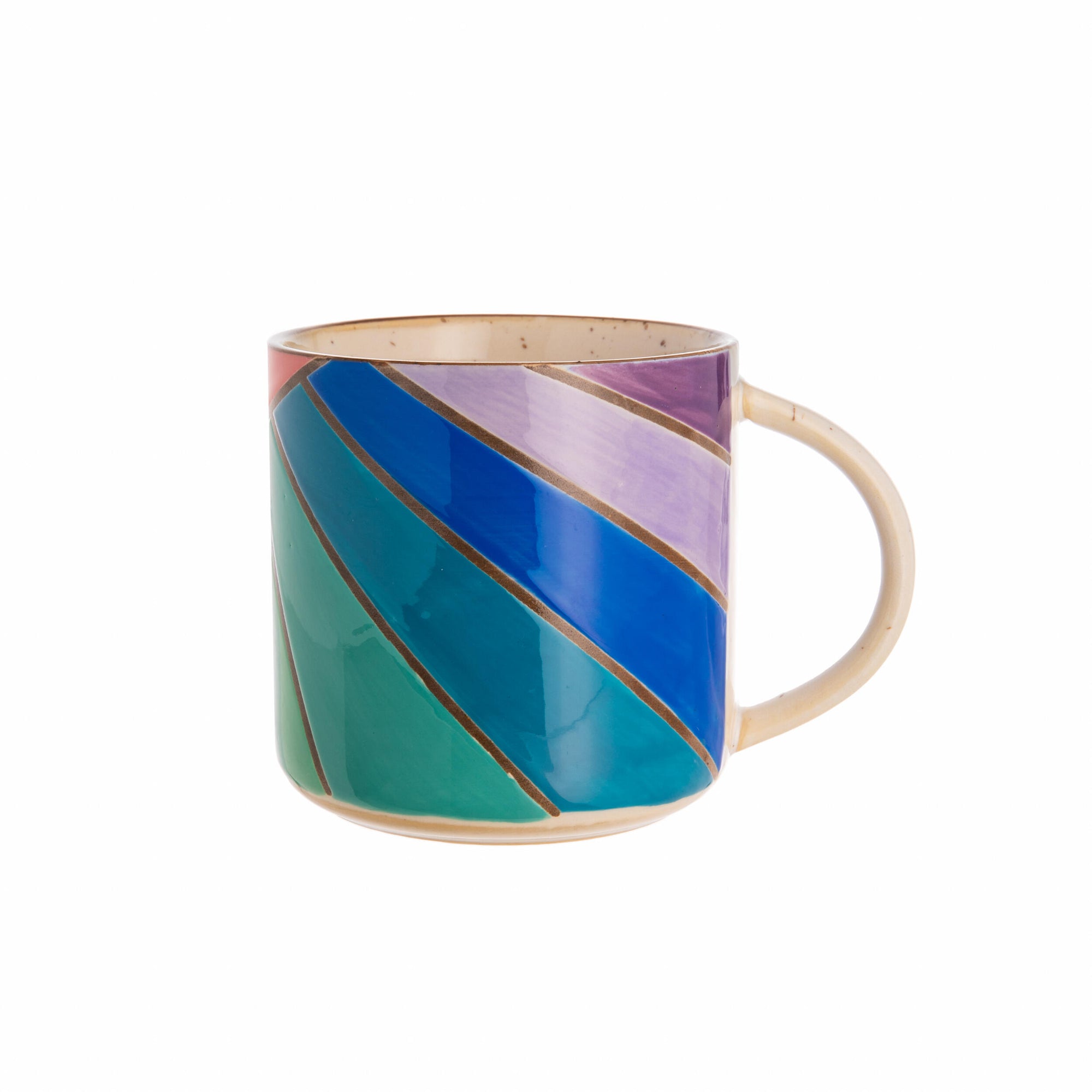 Three colorful mugs with geometric patterns on a white background