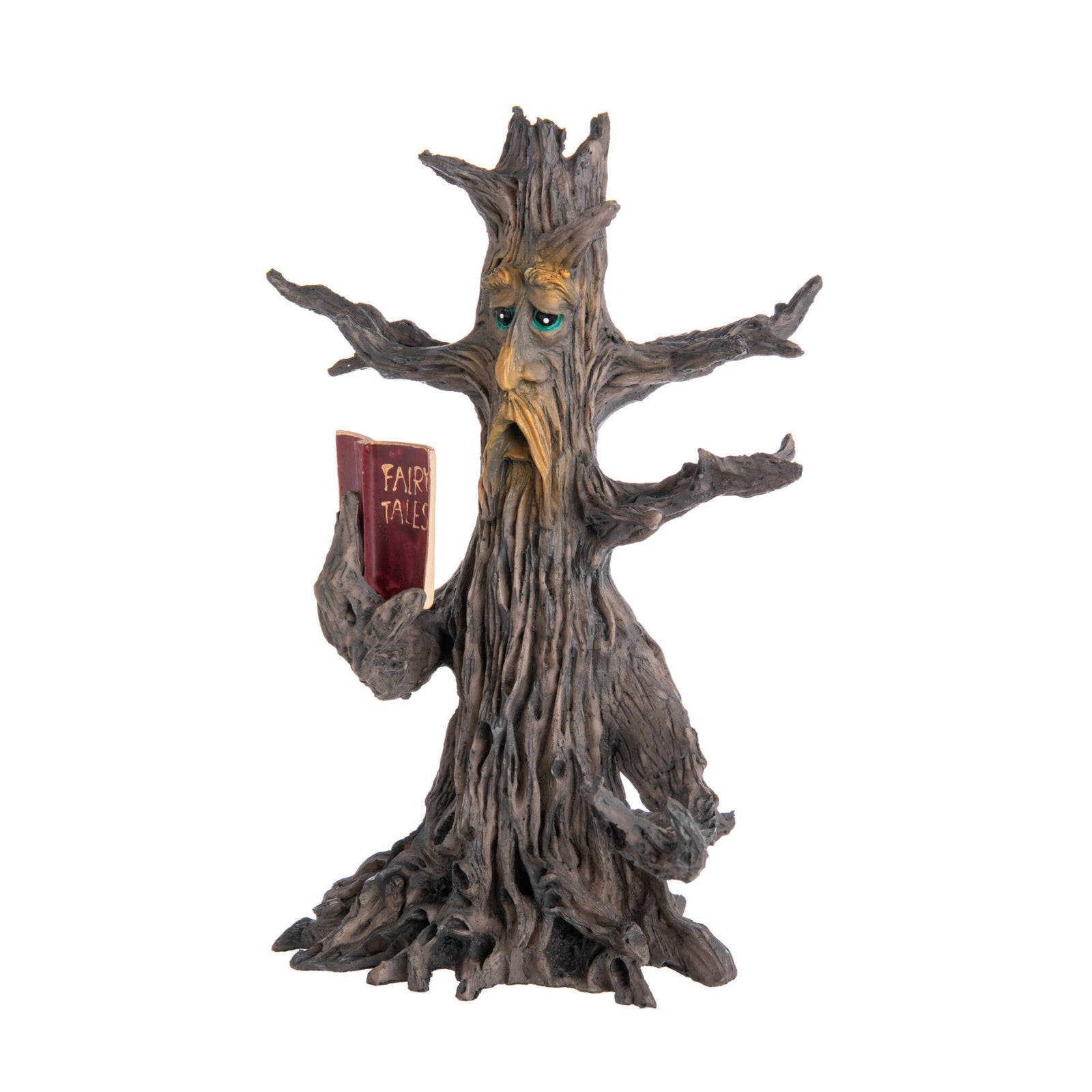 Tree-like figurine holding a book on a white background