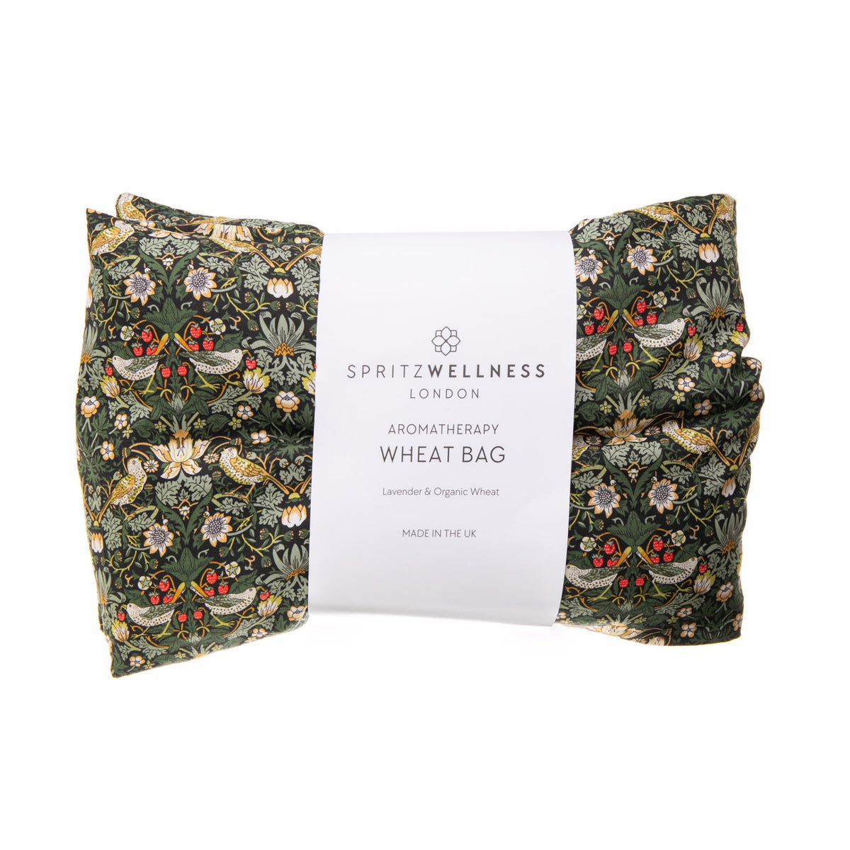 Aromatherapy wheat bag with floral pattern and Spritz Wellness London packaging on a white background