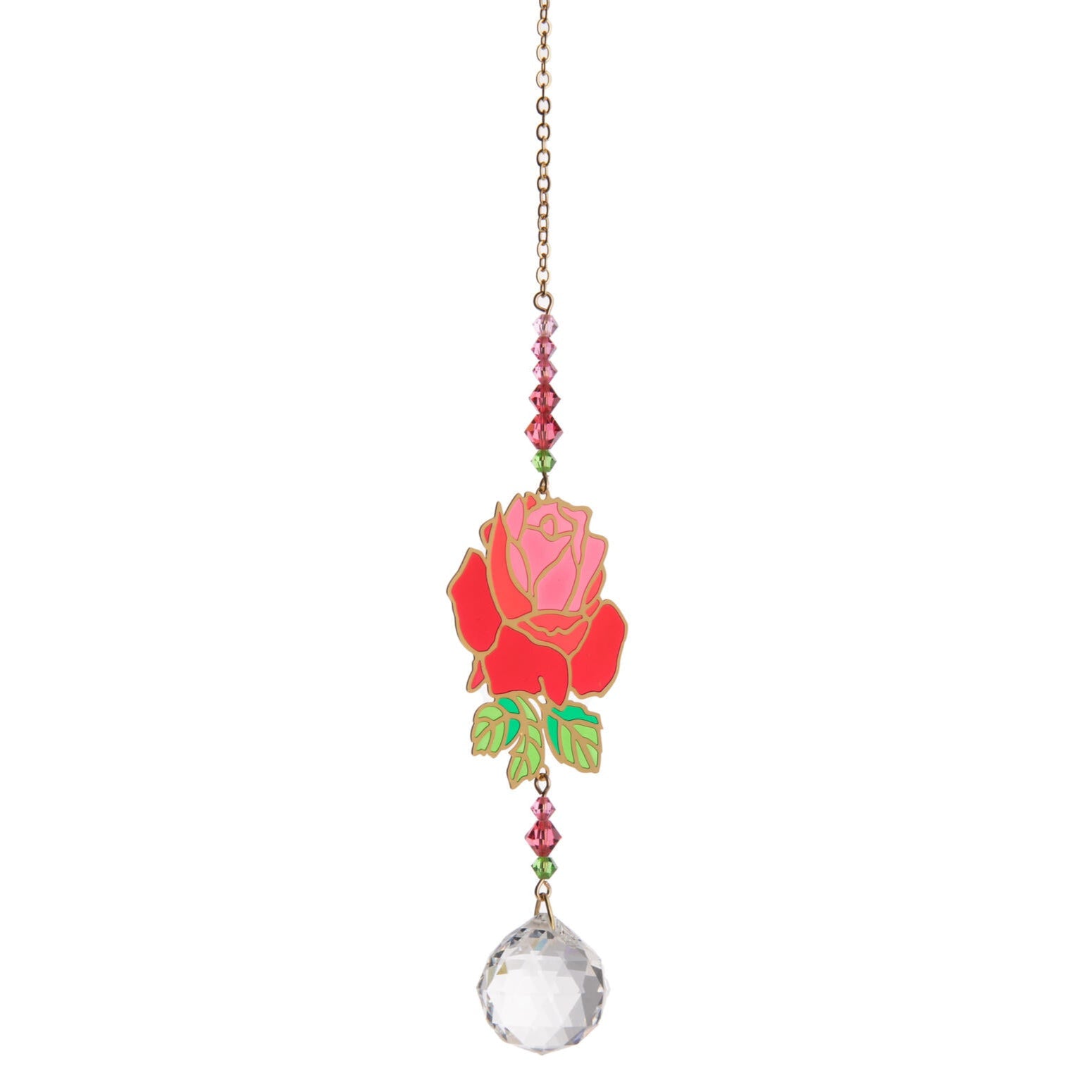 This handmade sun-catcher features large and small multi-faceted Austrian crystals, and a ‘stained glass’ effect rose. This delightful charm will add a sparkle of color to your windowsill each time it catches the light. Materials: laser-cut metal with Austrian crystal Includes a hook for easy hanging Dimensions: 6.5" x 1.25"