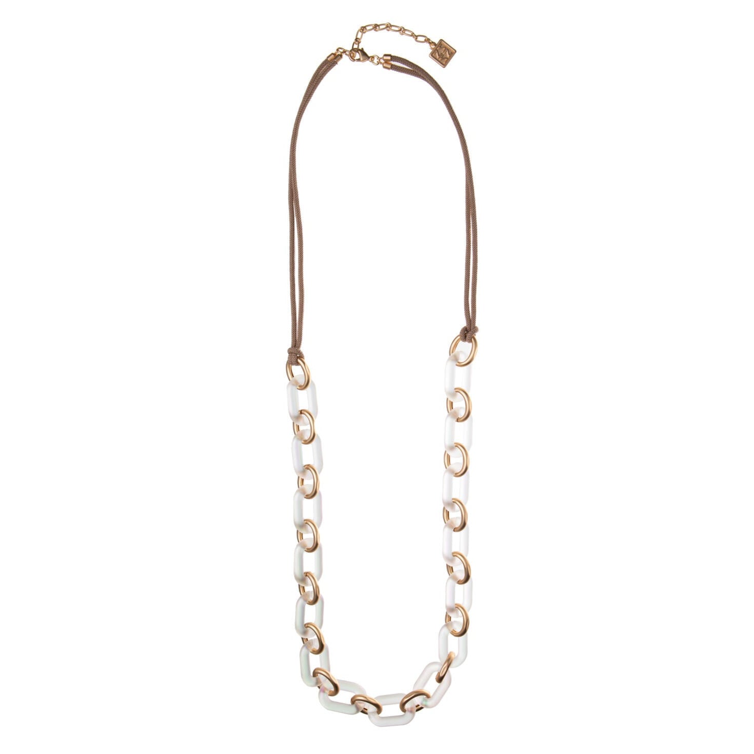 This delightful, lightweight chain link long necklace will add a splash of sophisticated joy to both everyday and special occasion outfits. The large clear resin links have a slightly iridescent finish, complemented by smaller, matte gold links, finished with a chic, taupe colored cord. The links catch the light beautifully, making this necklace an elegant yet eye-catching piece.