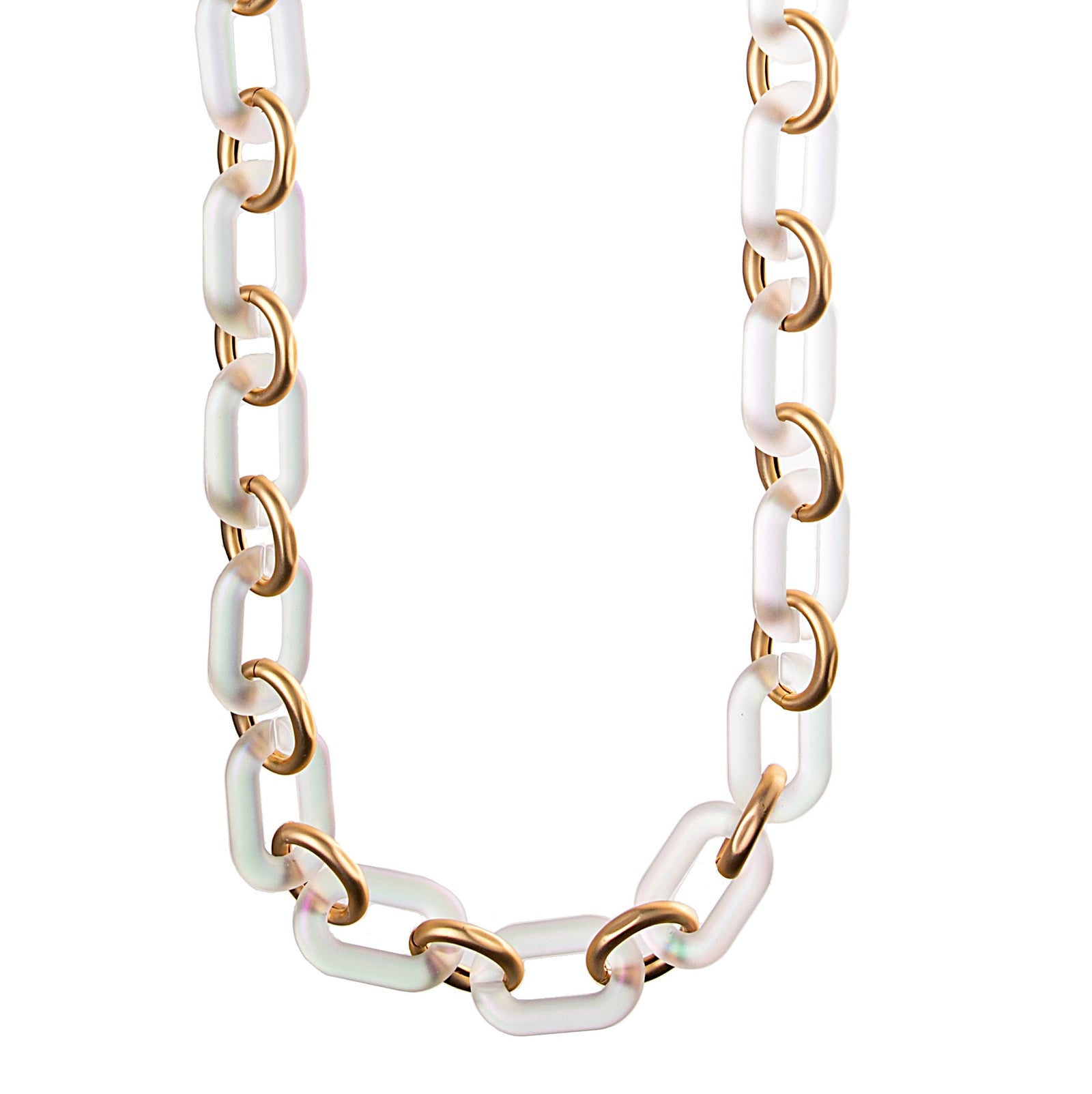 This delightful, lightweight chain link long necklace will add a splash of sophisticated joy to both everyday and special occasion outfits. The large clear resin links have a slightly iridescent finish, complemented by smaller, matte gold links, finished with a chic, taupe colored cord. The links catch the light beautifully, making this necklace an elegant yet eye-catching piece.