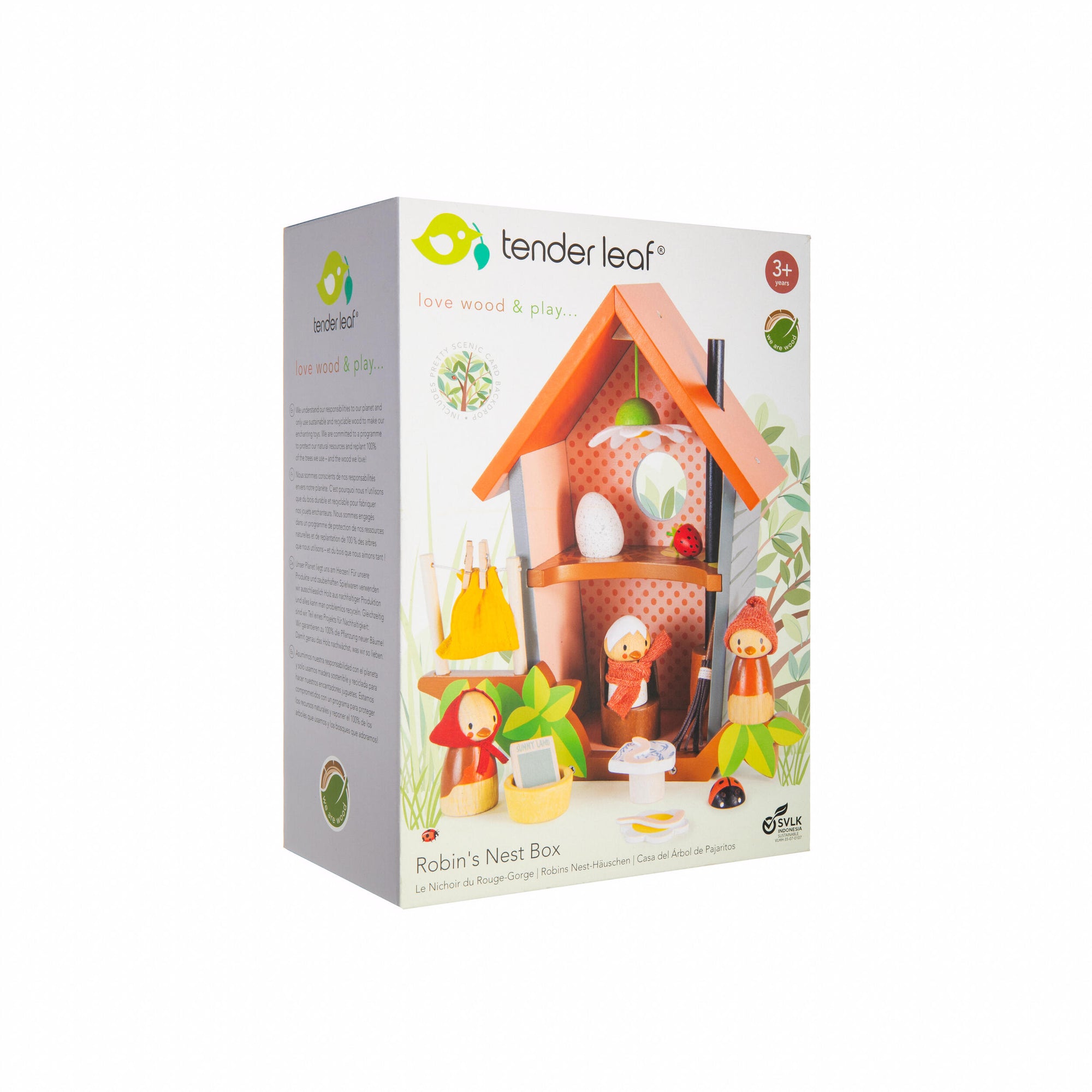 Toy playset with a small house, dolls, and various items on a white background