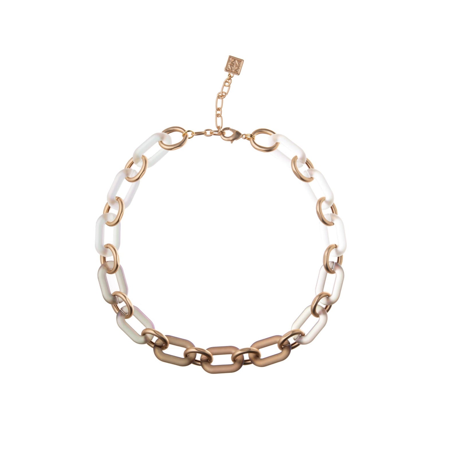 This delightful, lightweight chain link necklace will add a splash of joy to both everyday and special occasion outfits. The large links have a slightly iridescent finish, complemented by smaller, matte gold links, which both catch the light beautifully, making this necklace an elegant yet eye-catching piece