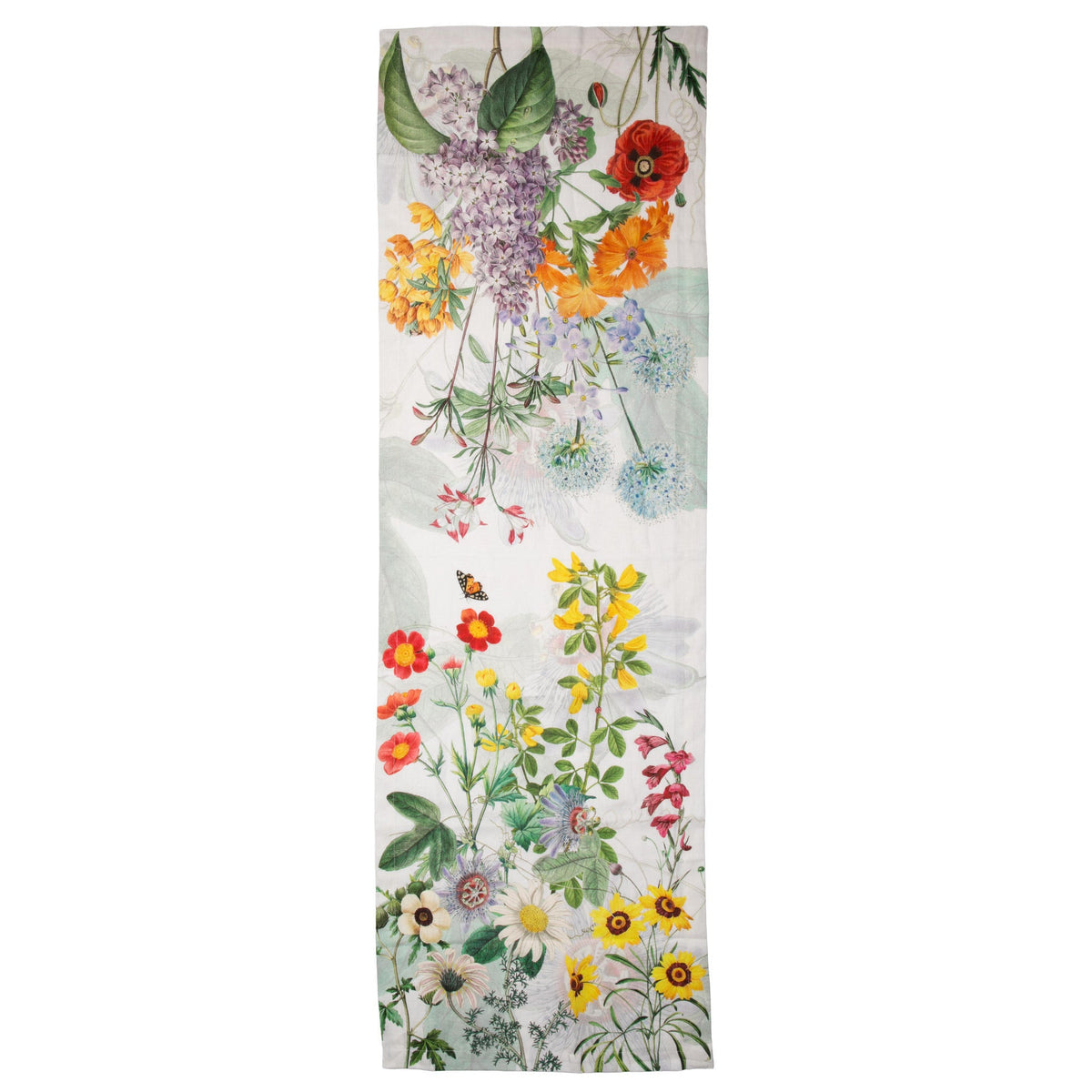 Floral patterned table runner with colorful flowers on a white background