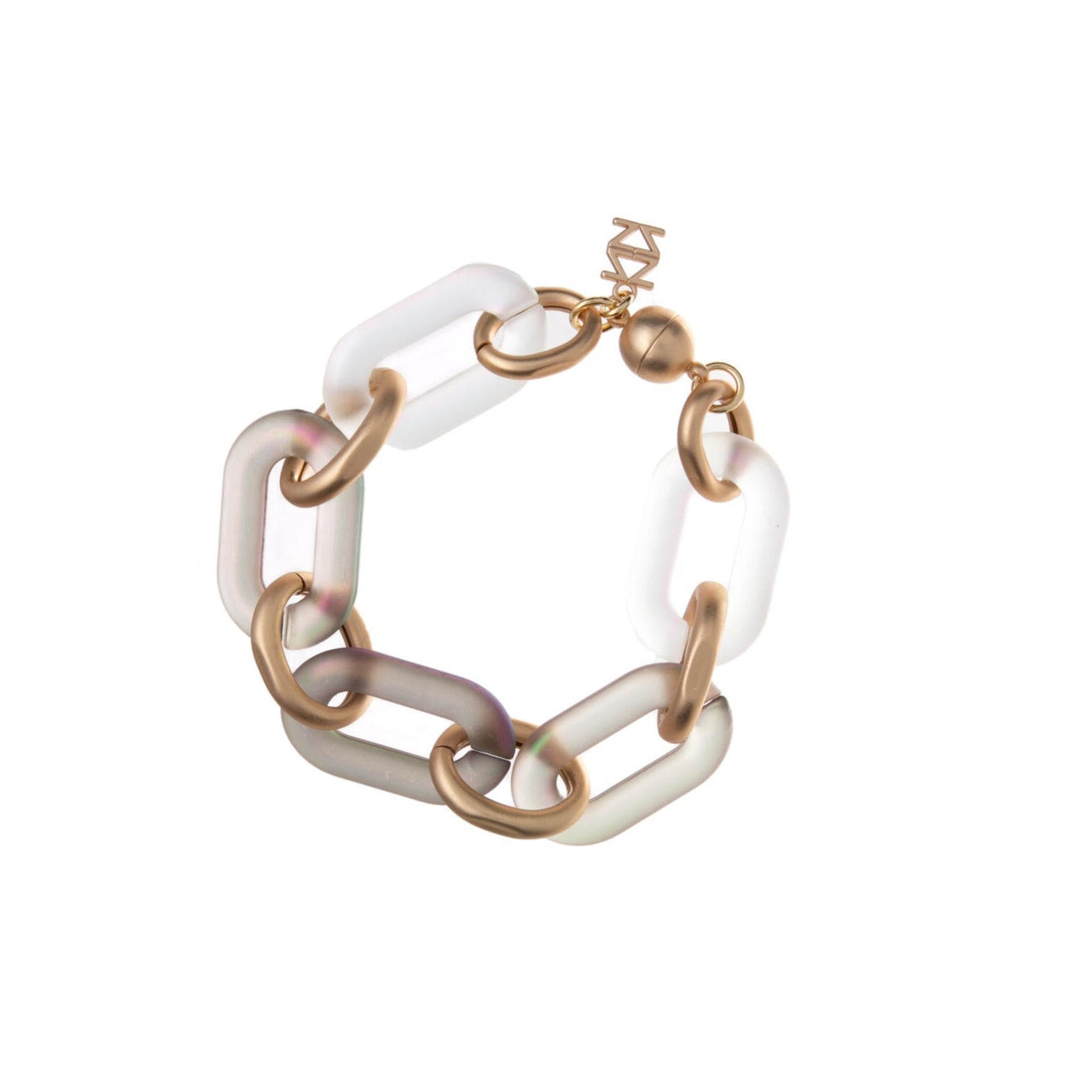This delightful, lightweight chain link bracelet will add a splash of joy to both everyday, and special occasion outfits. The large links have a slightly iridescent finish, complemented by smaller, matte gold links. Both catch the light beautifully, making this bracelet an elegant yet eye-catching piece.