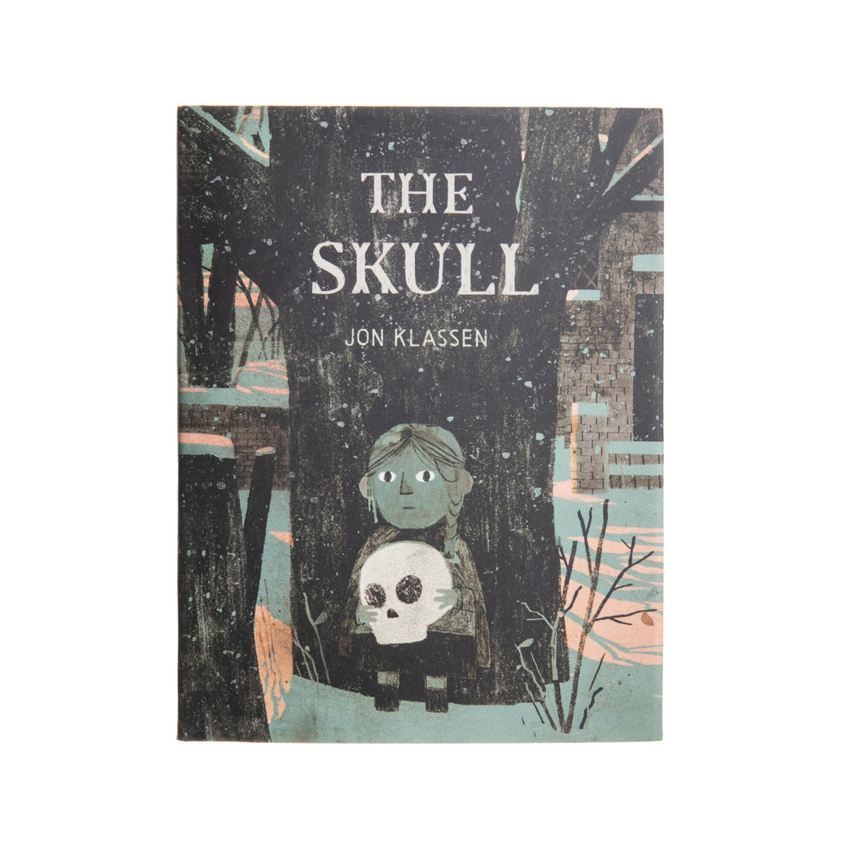Book cover of &#39;The Skull&#39; by Jon Klassen with a stylized illustration of a child holding a skull.