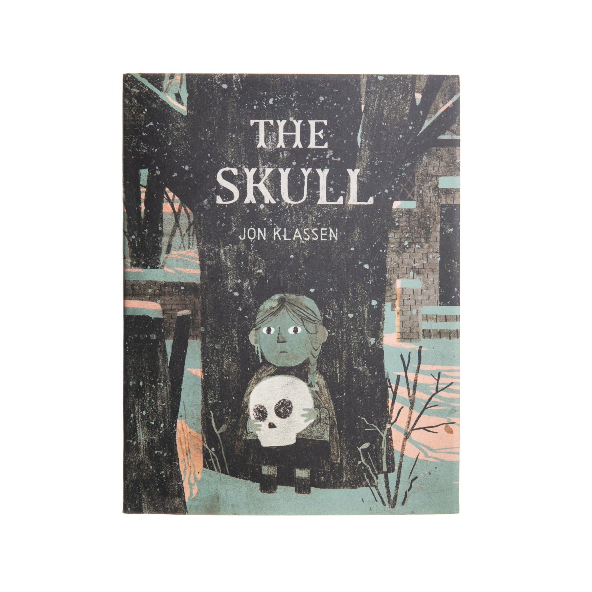 Book cover of 'The Skull' by Jon Klassen with a stylized illustration of a child holding a skull.