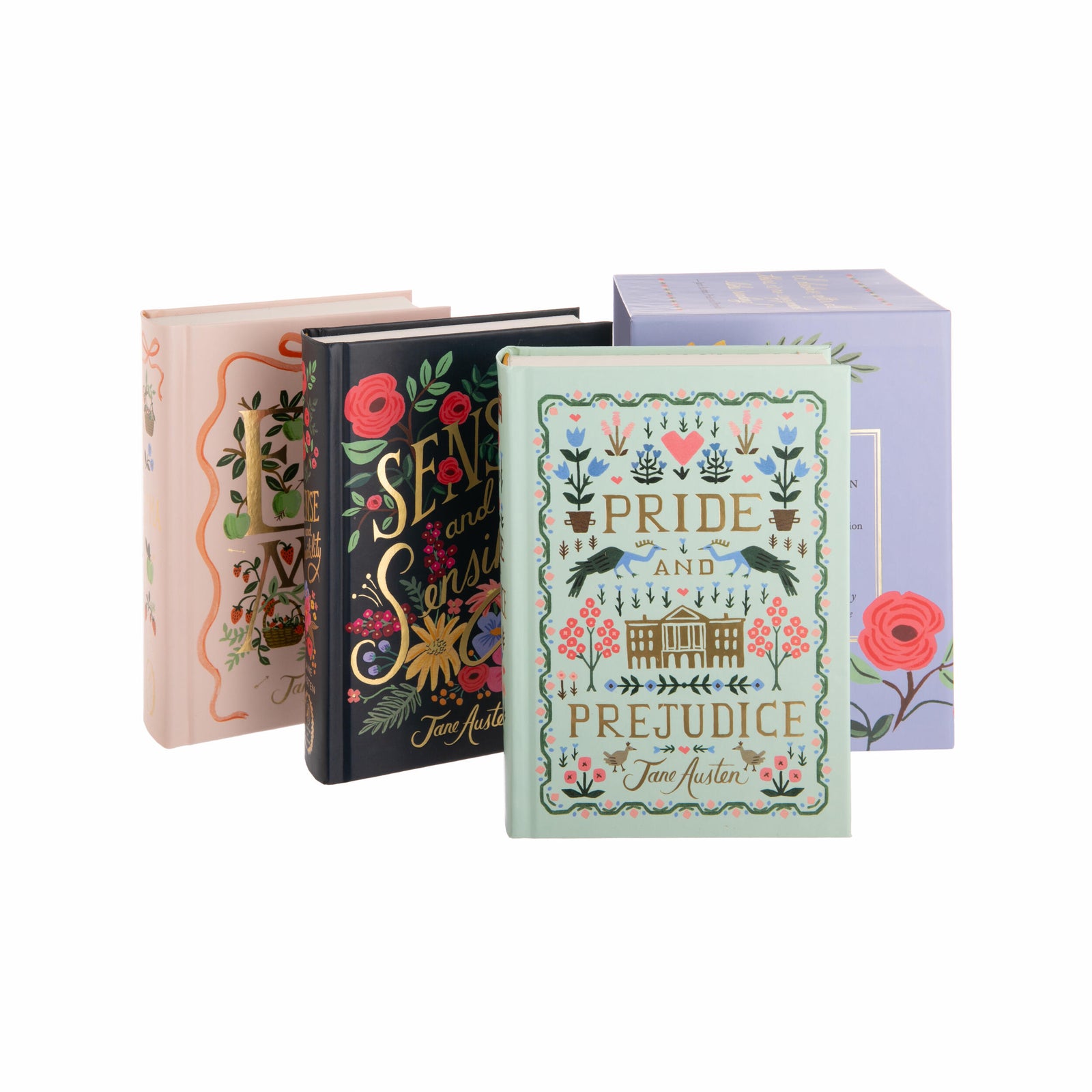 Decorative Jane Austen books with floral designs and text on a white background