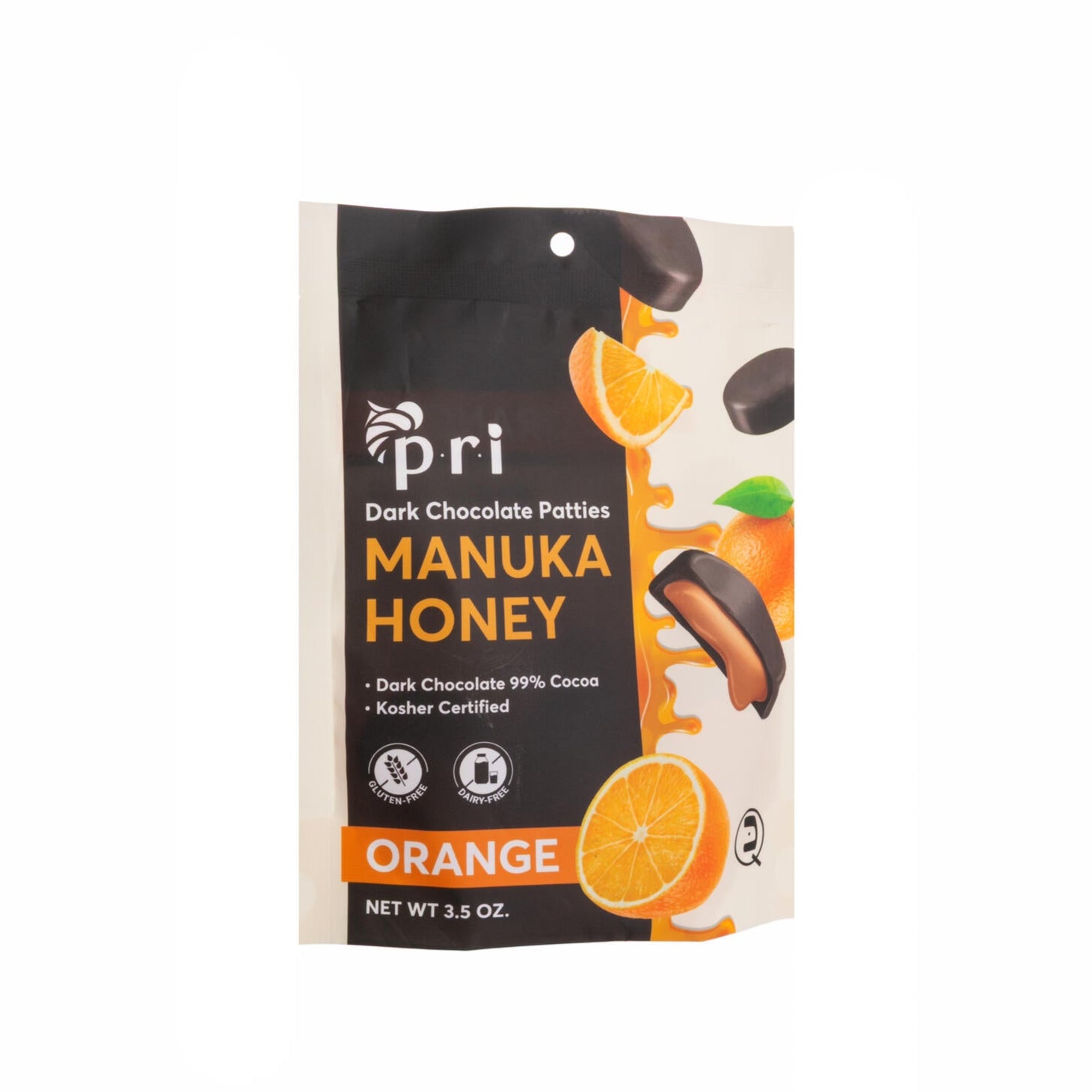 The zesty orange tang with smooth dark chocolate brings back memories as this classic combo of flavors melt in your mouth. Combining award winning dark chocolate, and the finest New Zealand Manuka Honey MGO 60+. Ingredients: Manuka/Honey, 99% cocoa Dark Chocolate, Orange Oil Kosher certified Gluten and dairy free. 5oz.