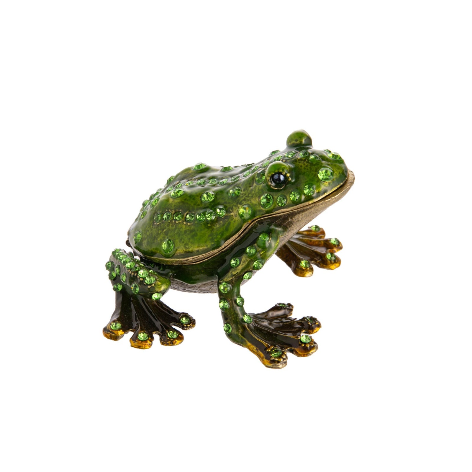 This adorable, sparkling amphibian is ready to hop onto your dressing table, counter, or windowsill. It opens to reveal a handy little trinket box, which is the perfect size for jewelry, pills, loose change, and more. Dimensions: 3.25" x 2.25" Materials: Metal, enamel, rhinestones