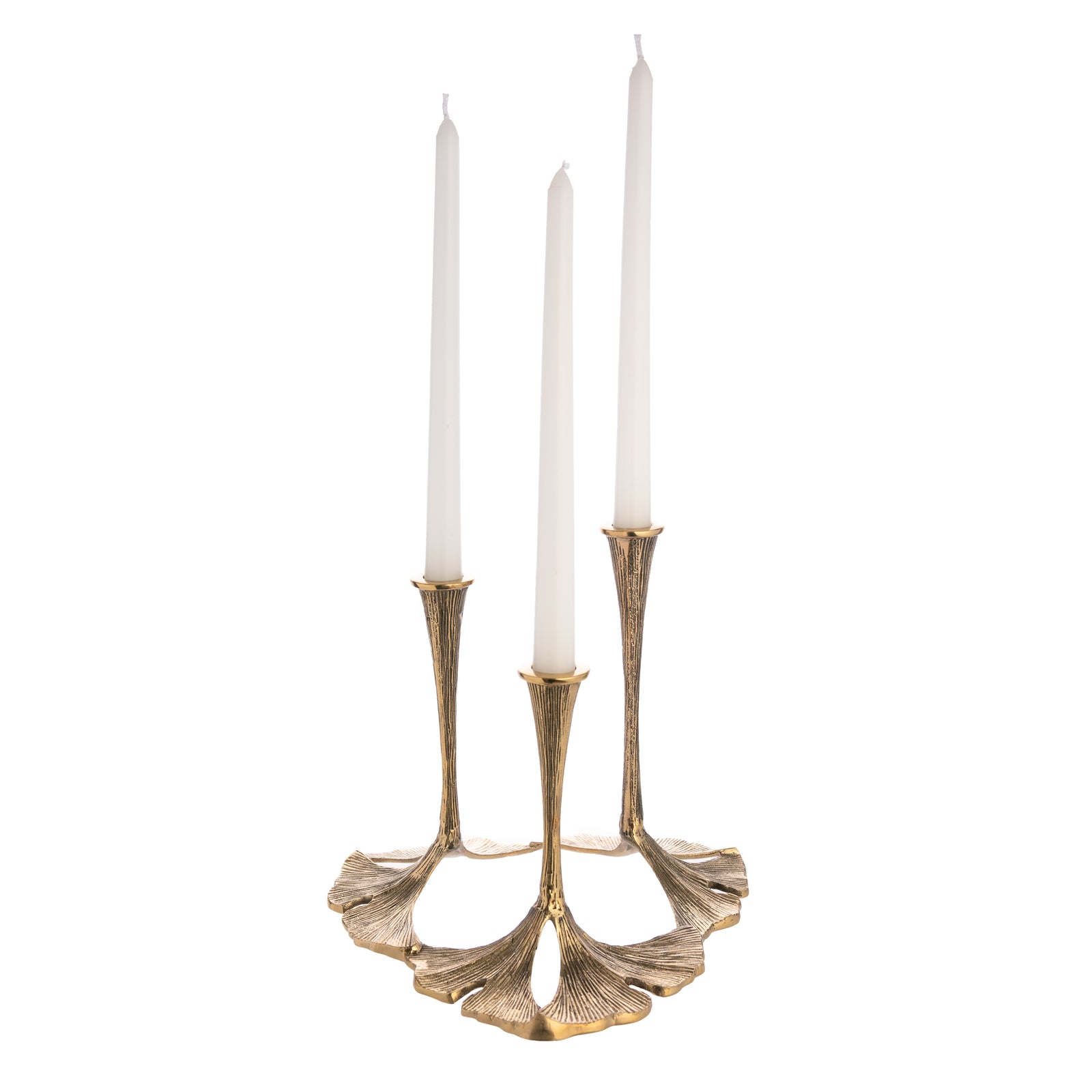 A bronze-colored recycled brass triple Ginkgo leaf candle holder with three candle slots.
