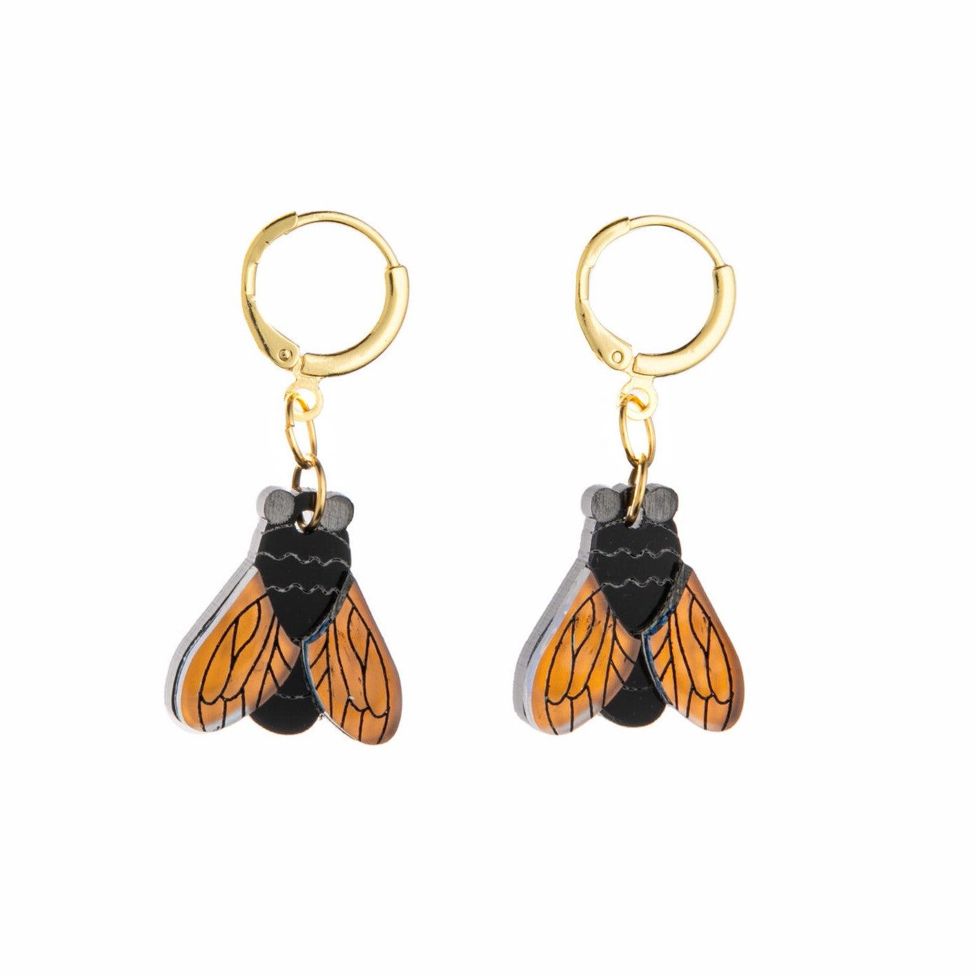 Create a buzz for all the right reasons with these fun fly earrings. These lightweight and fun earrings are made from laser-etched acrylic with hand-painted details, giving them a three-dimensional effect. The hoops are made from 18k gold-plated stainless steel, making them safe and comfortable to wear. 
