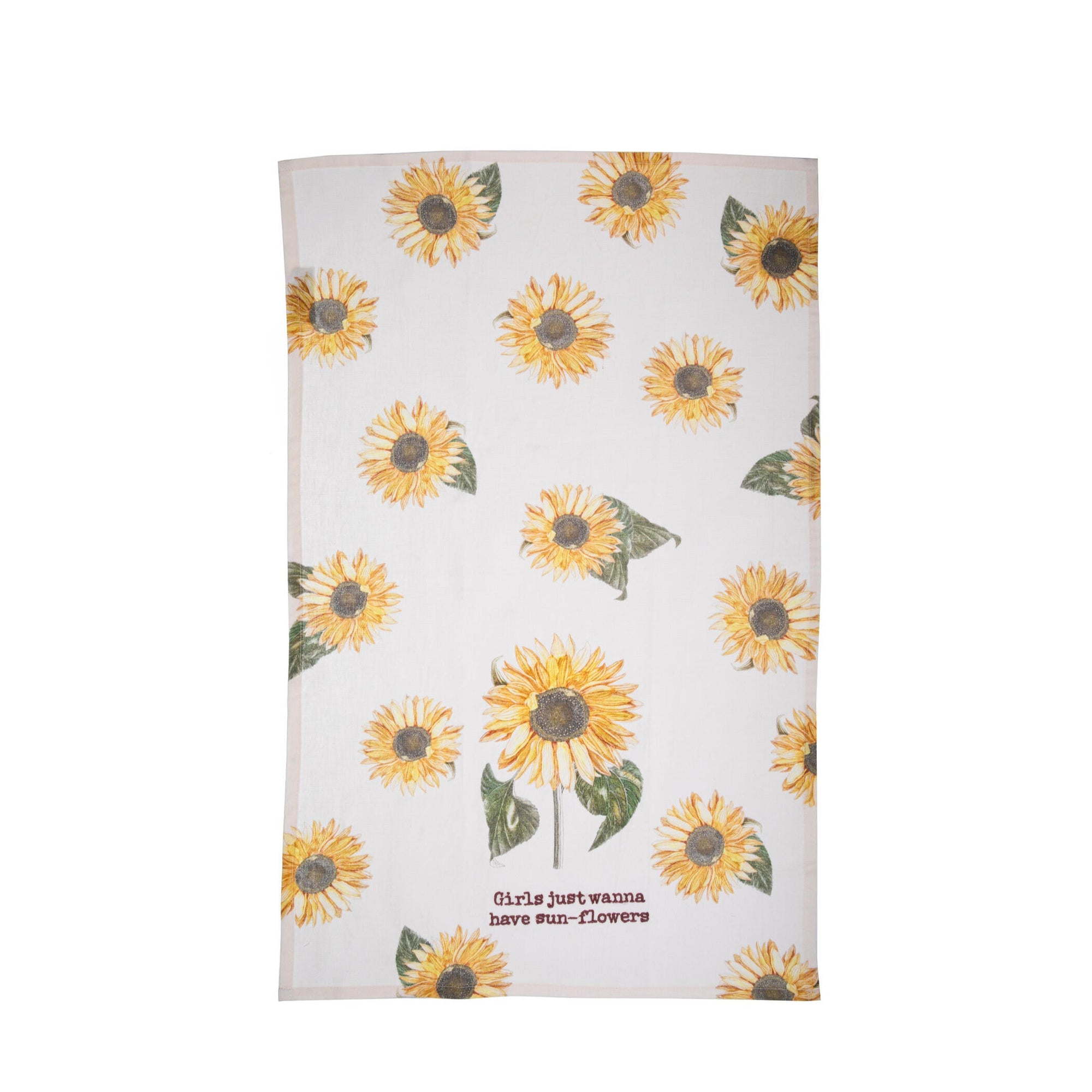 This whimsical cotton linen blend kitchen towel features an all-over retro style sunflower design and punny embroidered "Girls just wanna have sun-flower".