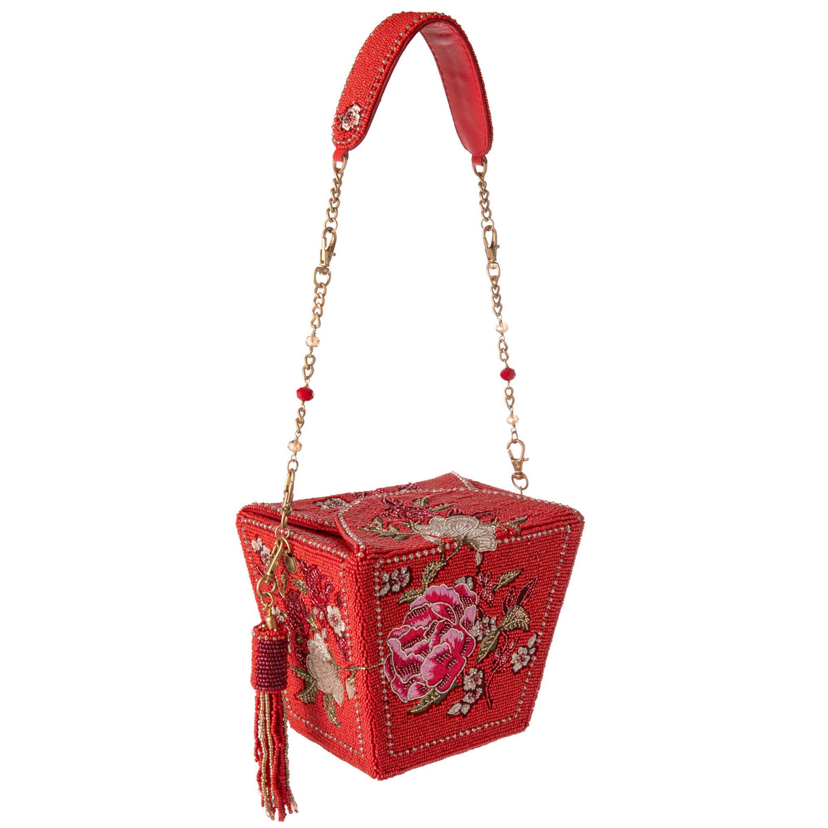 Red beaded handbag in the shape of a takeout box with floral embroidery and gold chain strap on a white background