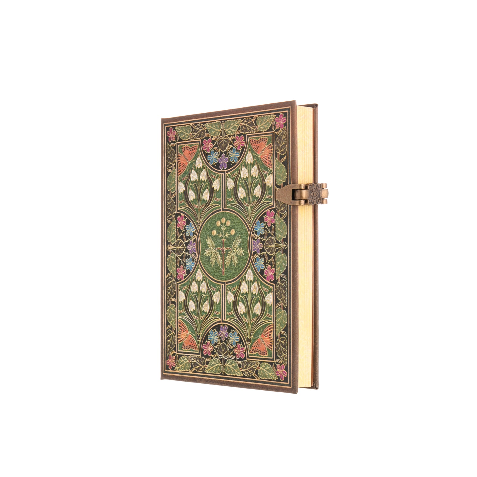 A decorative hardcover mini journal with a floral pattern on the cover, featuring a butterfly motif and a small lock.