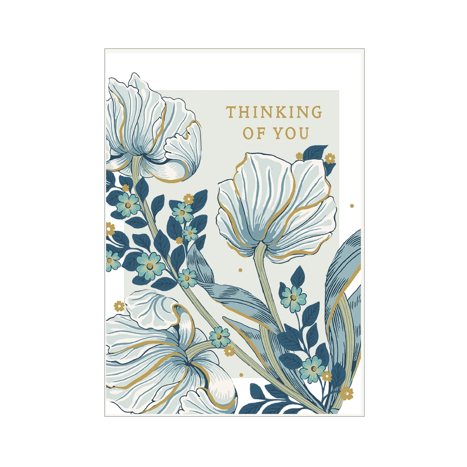 Notecard with the sentiment 'Thinking of You' with a William Morris floral design on a white background.