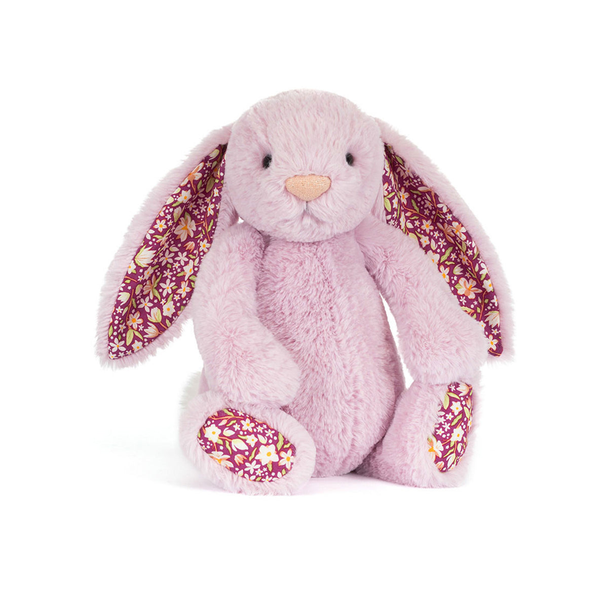 Pink plush Jellycat Thistlepop bunny with floral ears and feet on a white background
