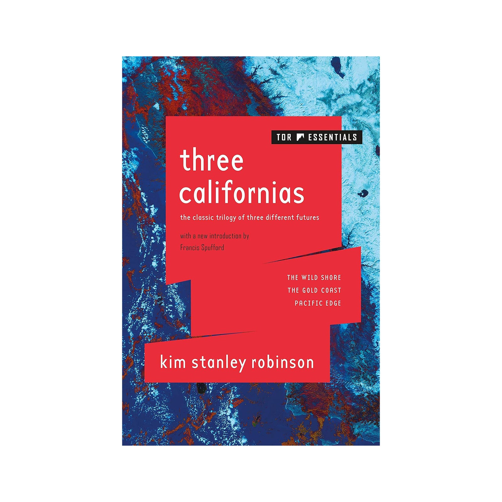 Book cover of 'Three Californias' by Kim Stanley Robinson with a red and blue abstract design.