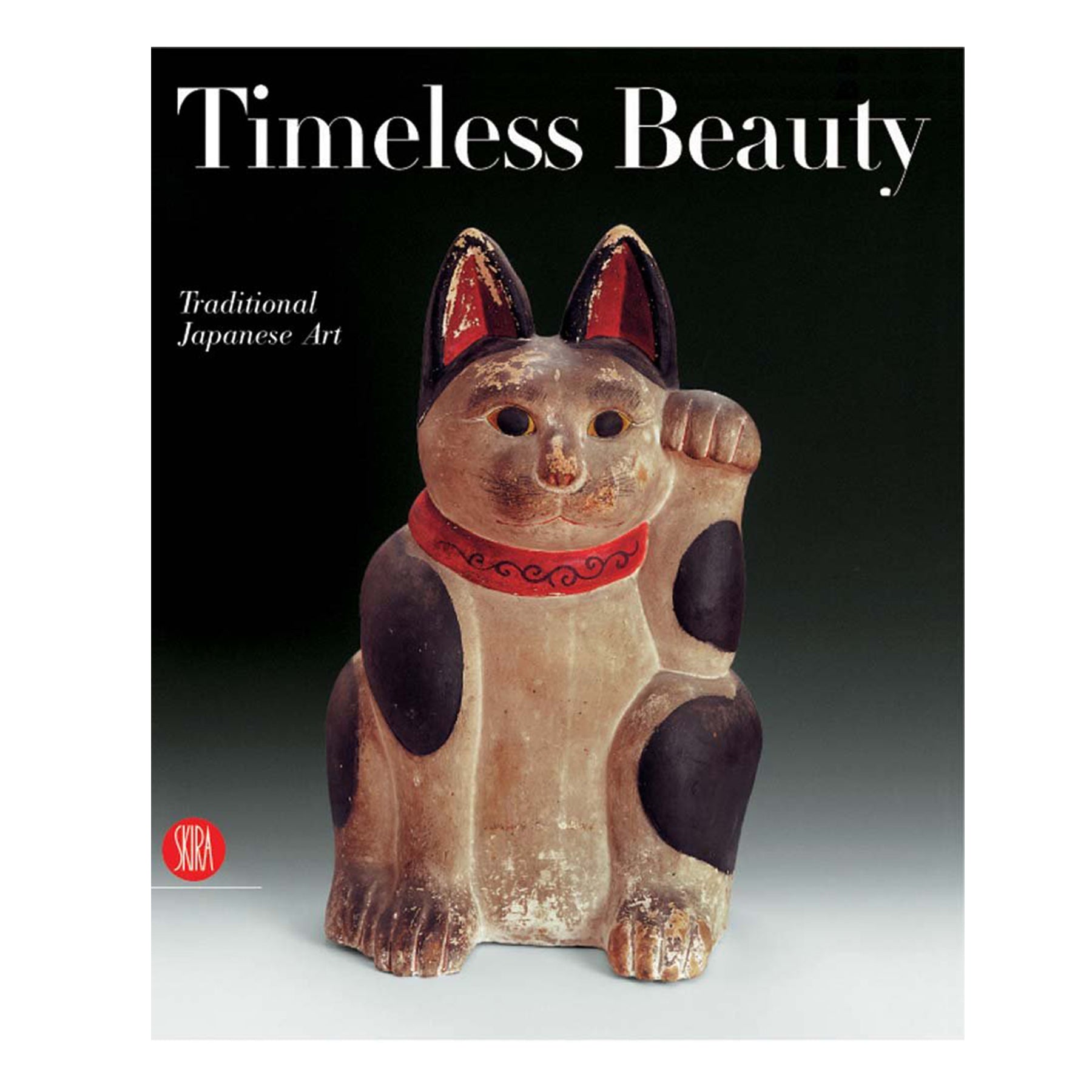 Ceramic cat figurine with red accents on a black background with 'Timeless Beauty' text.