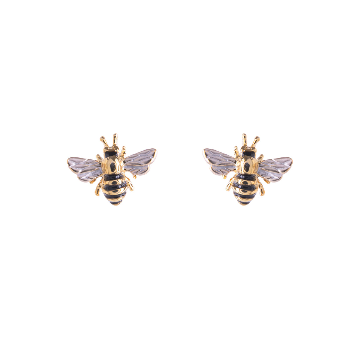 A pair of gold and enamel bee stud earrings with intricate detailing on a white background