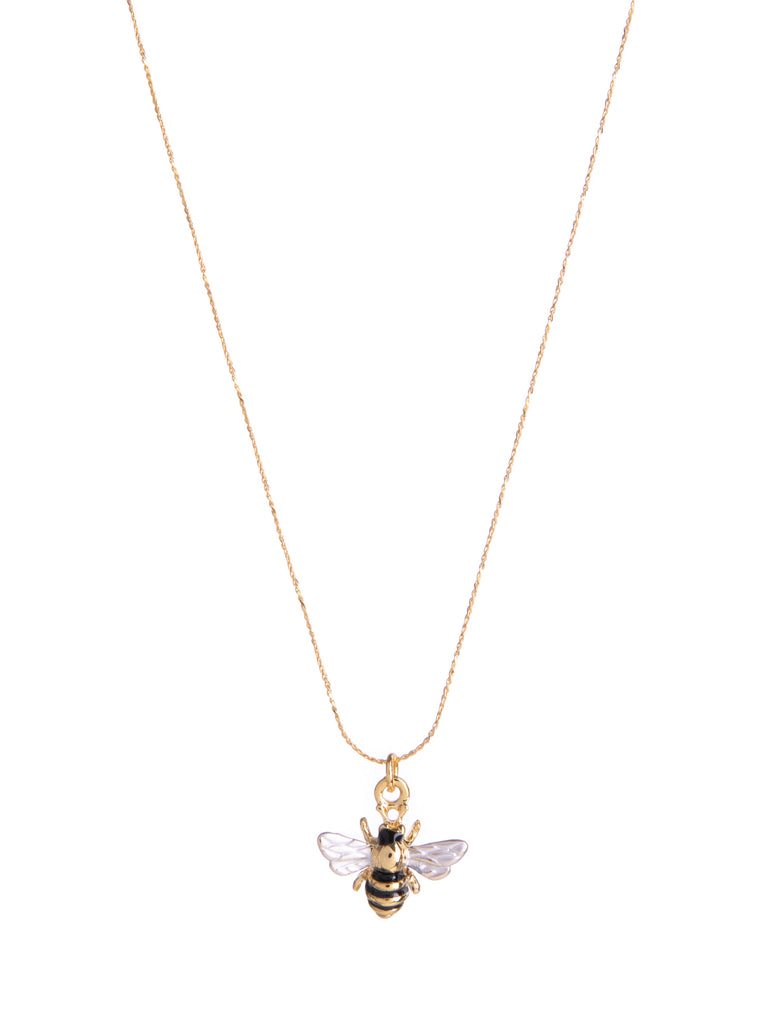 Made from 18ct gold plated brass, this necklace features a tiny bumblebee pendant with a detailed enamel finish, attached to a fine and delicate curb chain that has an easy-to-use lobster clasp fastening and extender links to secure.  0.5" x 0.5". Matching earrings available.