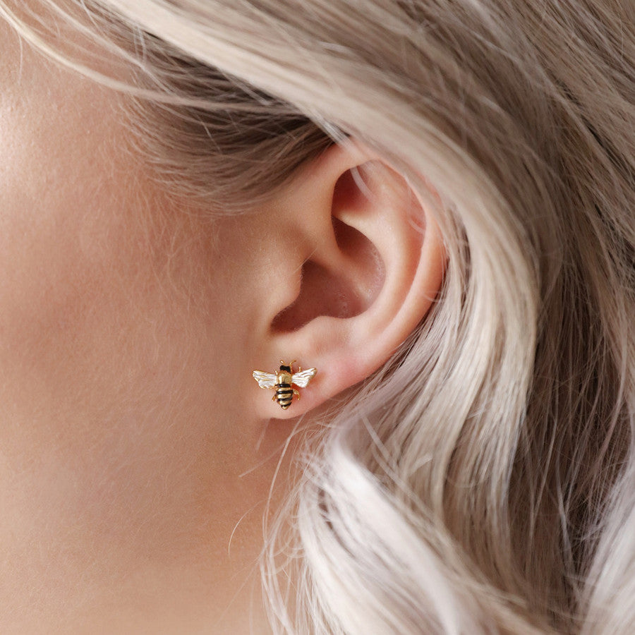 TINY BEE GOLD & ENAMEL EARRINGS
