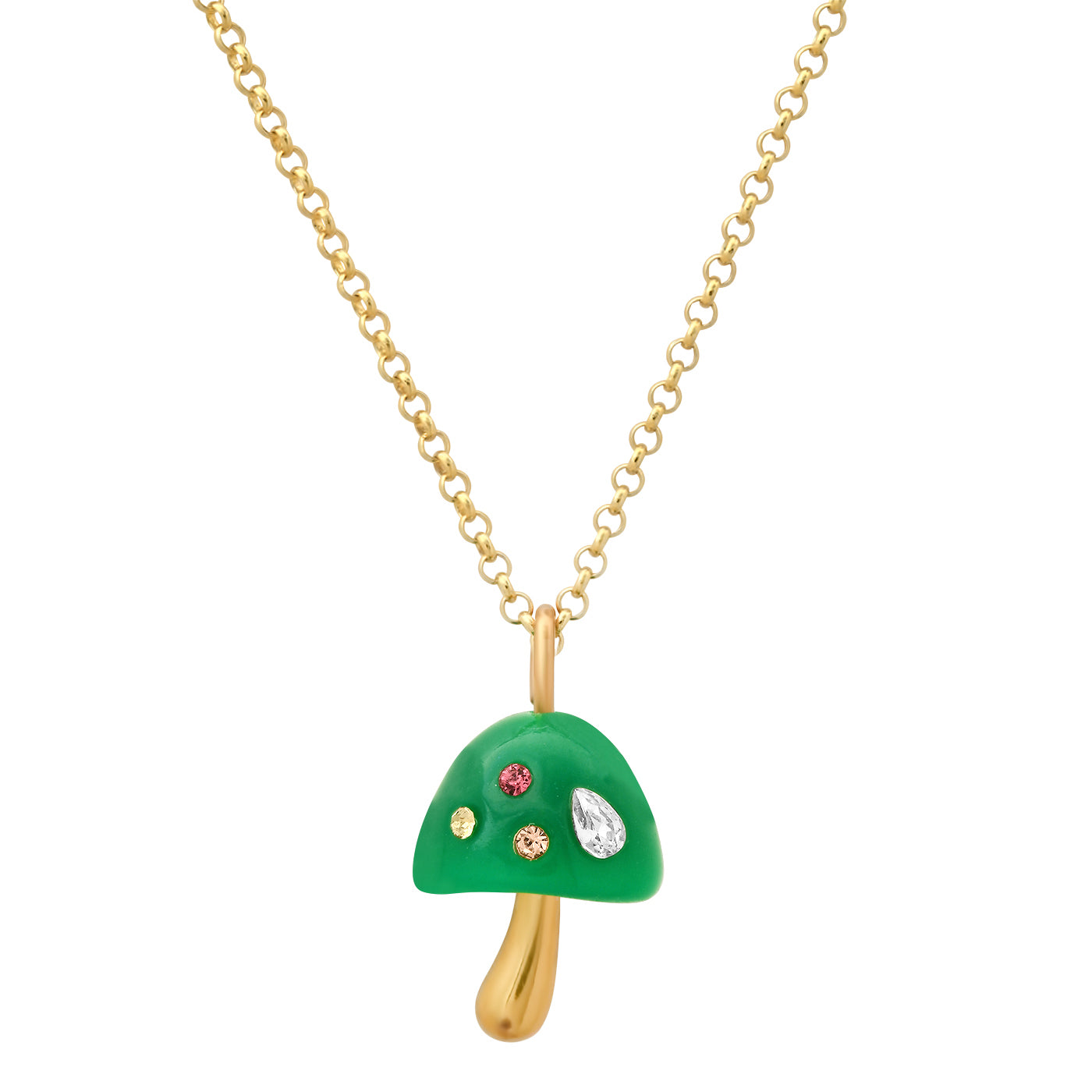 This delightful charm necklace features a resin and crystal mushroom charm. The pretty grass green mushroom charm is studded with teeny tiny colored crystals both the chain and the mushroom stem are gold plated. Dimensions: Chain length: 15" with 2" extender. Charm size: 0.5"