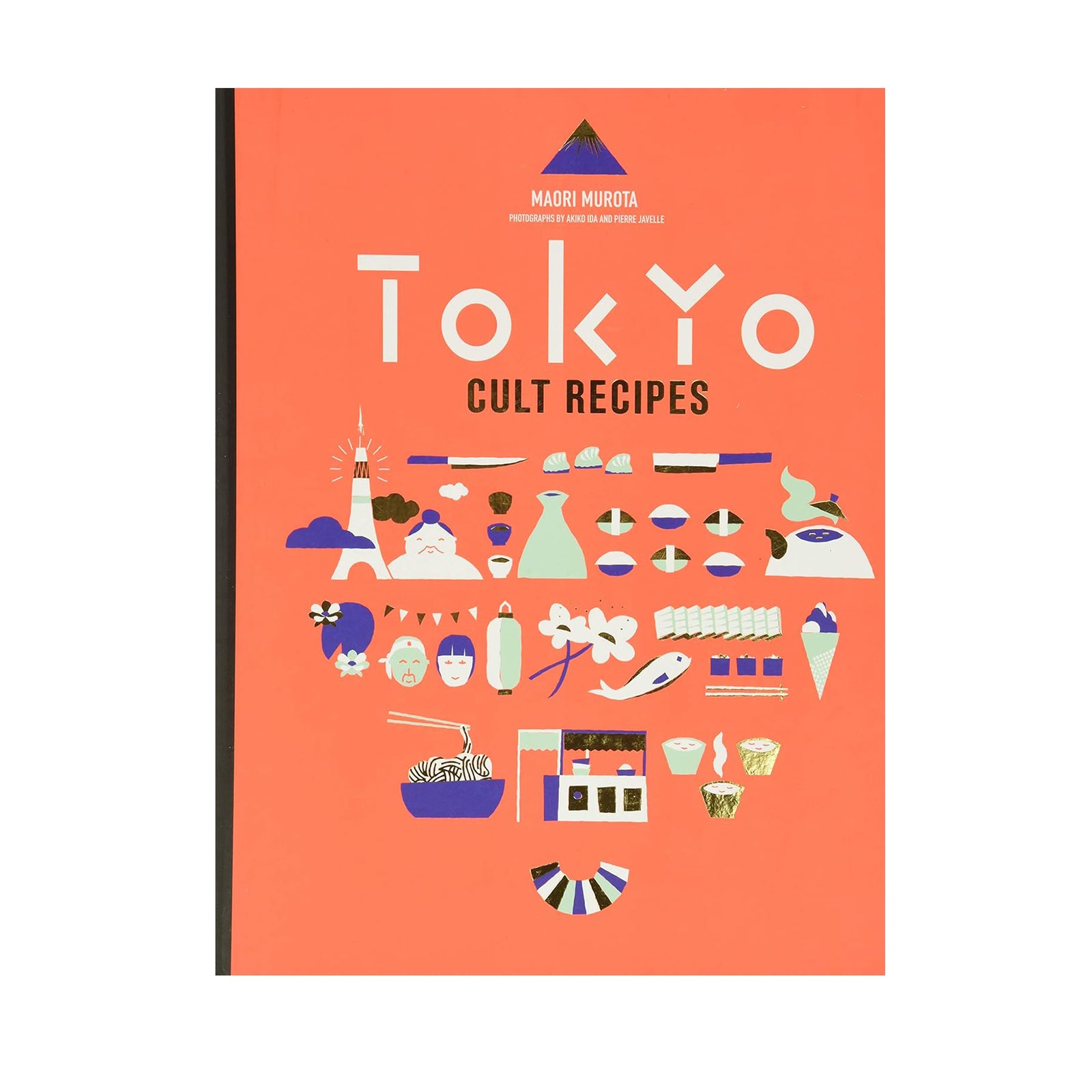 The cover of the book 'Tokyo Cult Recipes' features a colorful illustration of various Japanese dishes and culinary tools against a red background.