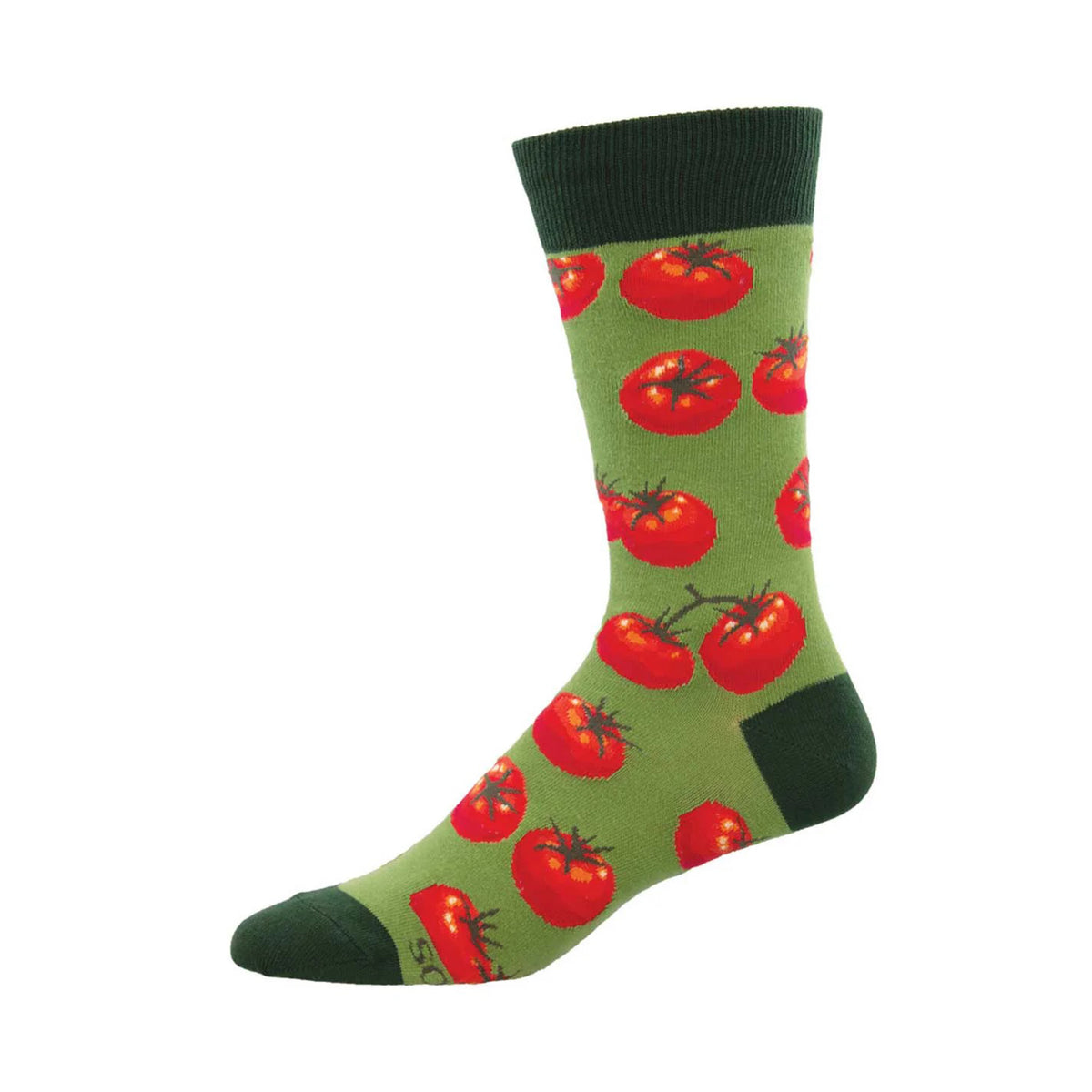 A single crew sock with a green base patterned with red tomatoes, featuring dark green ribbed cuff, heel, and toe, shown on a plain white background.