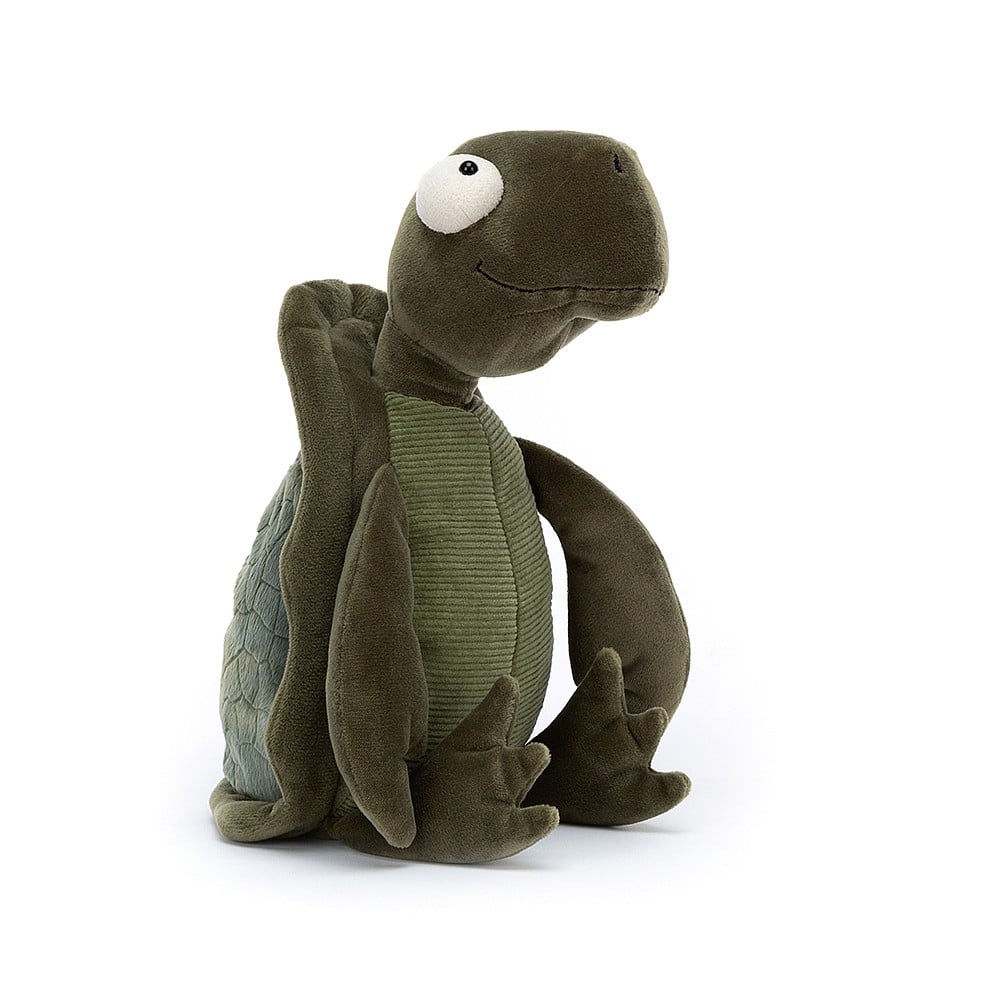 Tommy Turtle is a kooky companion with splendid seaweed-green fur. This tumbly turtle has a soft, textured shell with a mottled pattern and velvety frill, a chunky-soft beak, cordy tum and great big curious eyes! Flap those flippers and head to the beach! Dimensions: 12" x 6". Suitable from birth.