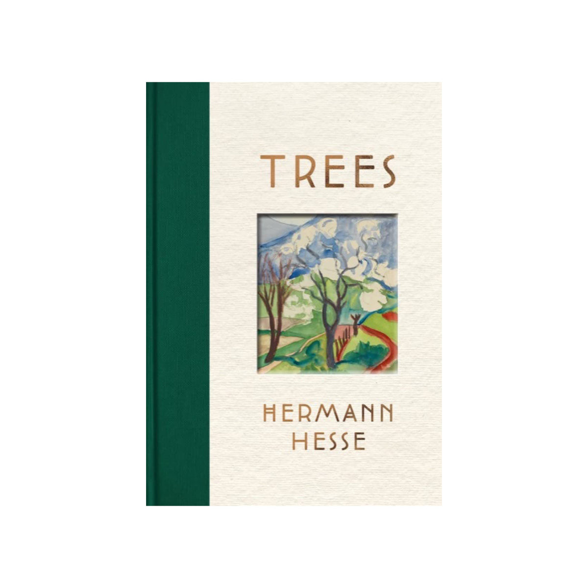 Book cover of 'Trees' by Hermann Hesse with a green spine and illustration on a white background