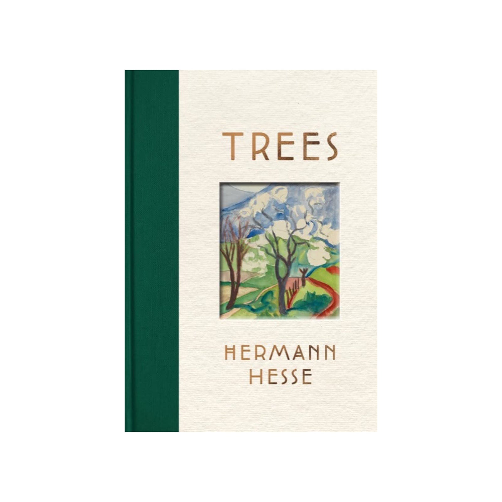 Book cover of 'Trees' by Hermann Hesse with a green spine and illustration on a white background