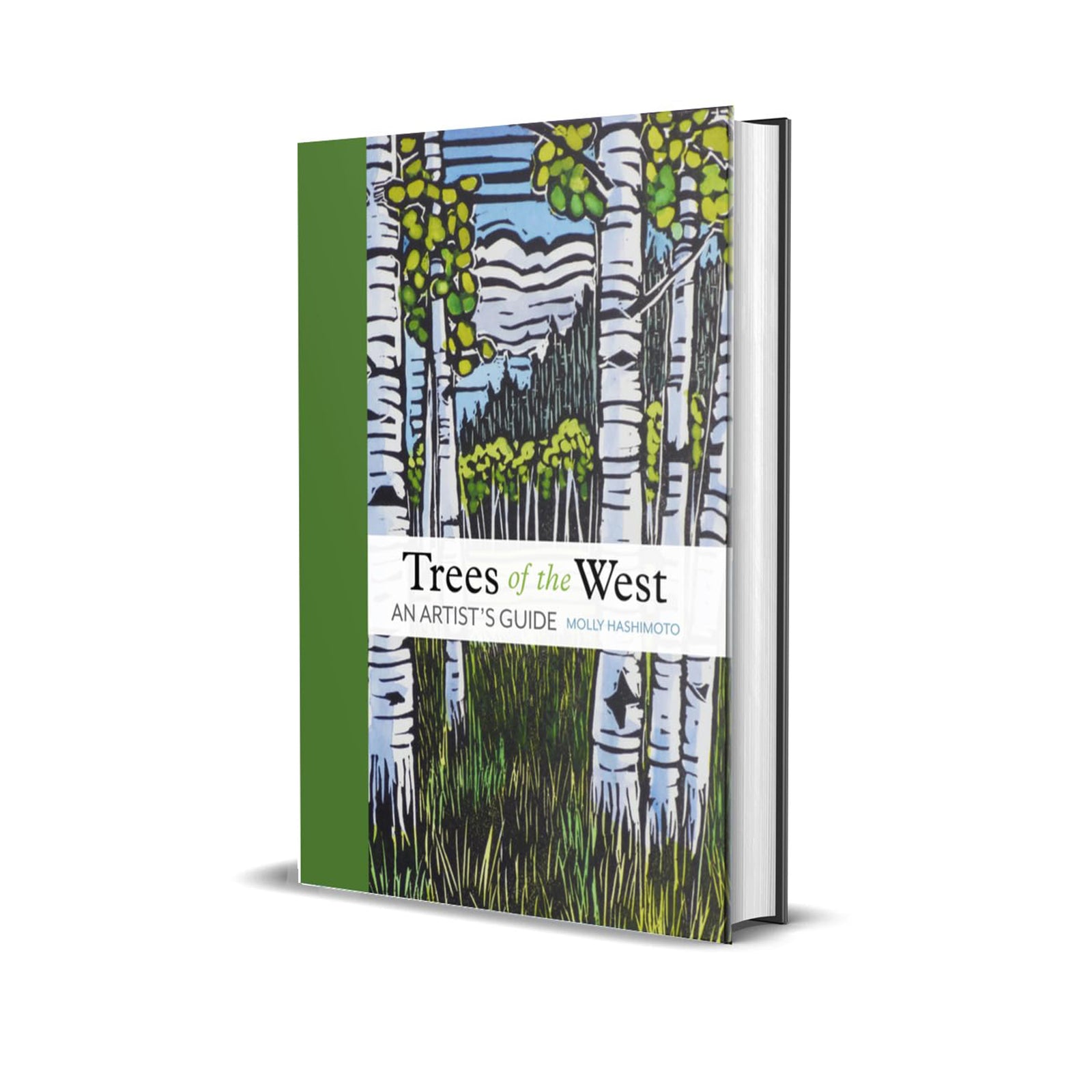 Book titled 'Trees of the West' with a forest illustration on the cover