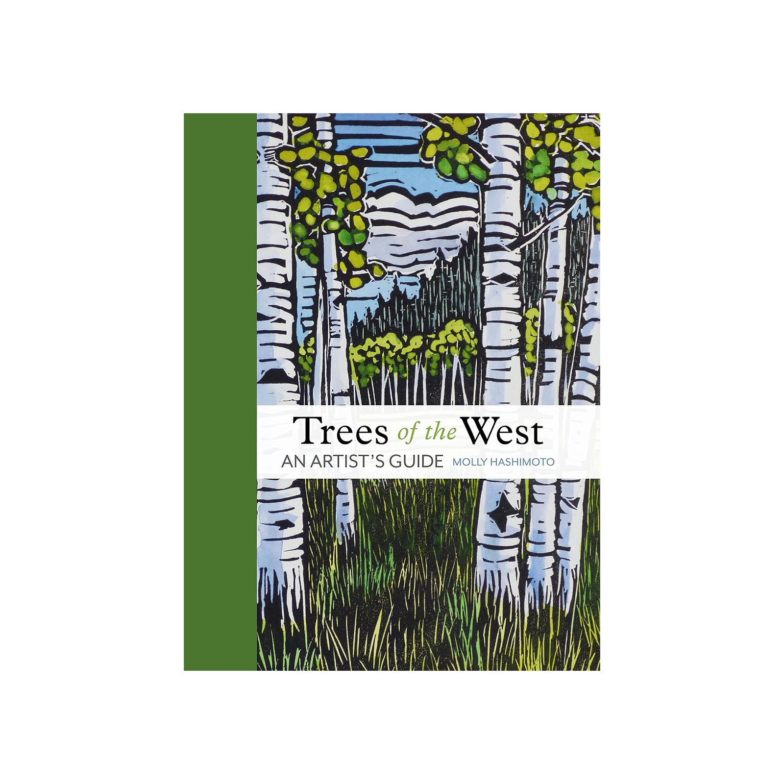 Book titled 'Trees of the West' with a forest illustration on the cover