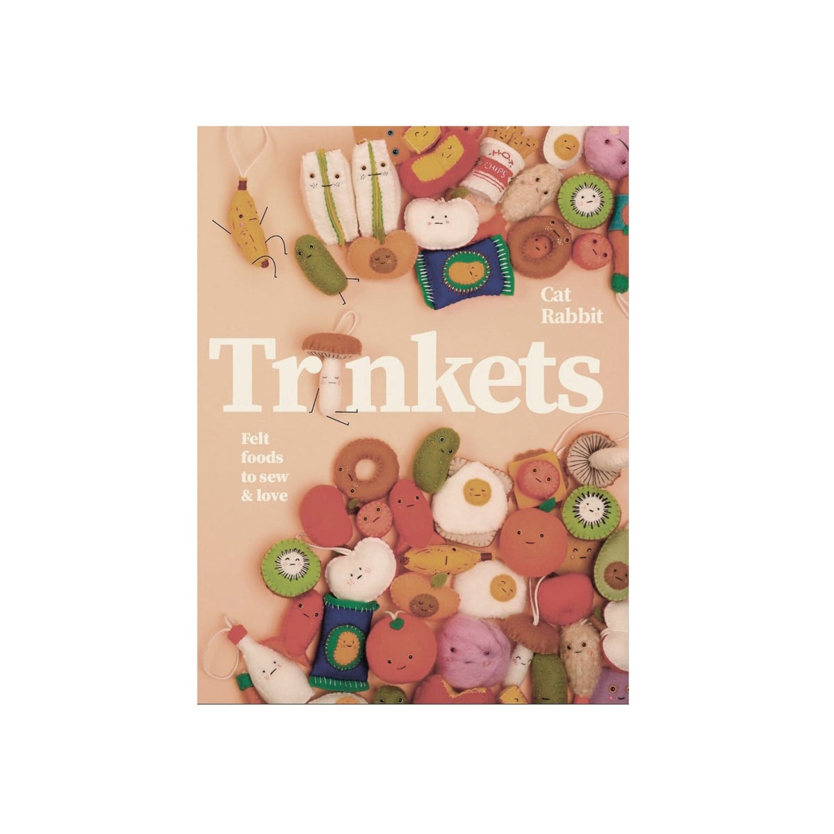 Book cover of 'Trinkets' with colorful felt toys on a beige background