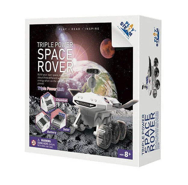 Build your own space rover and learn about three different ways to generate energy when on the moon or another planet! This motorized rover is powered by three different energy sources: safe chemical battery, solar energy and battery power. STEAM model kit Box dimensions: 9" x 9" x 2.5". Ages 8+.