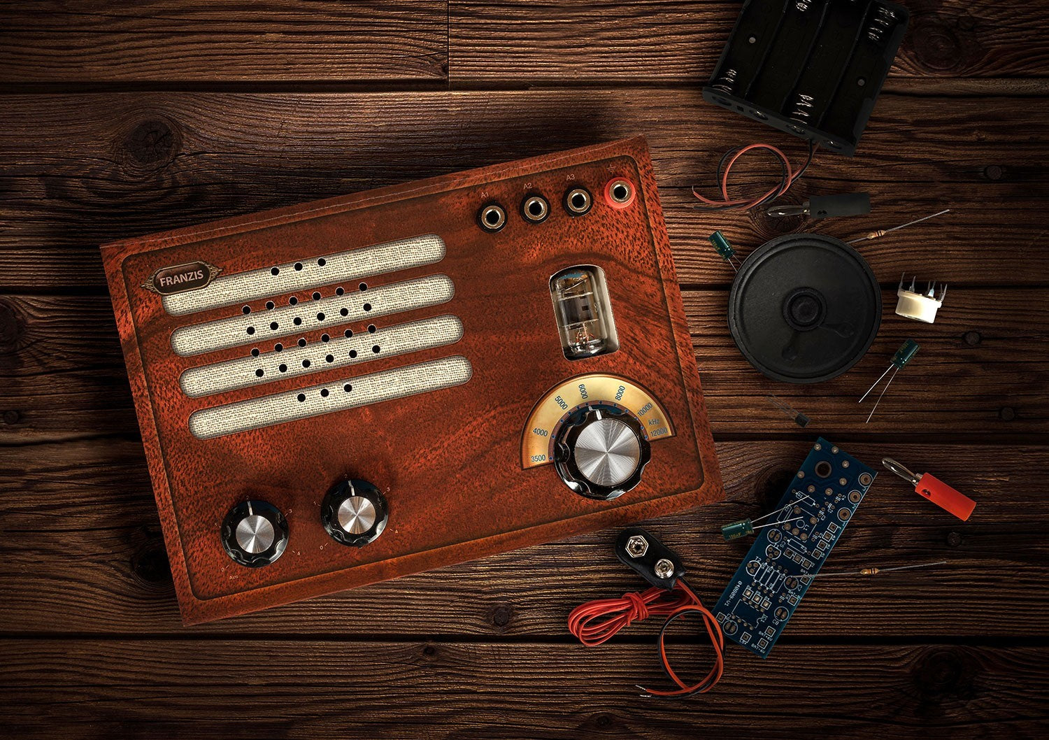 Construct your own piece of radio history with this unique kit. Combining the best of old and new technology – a genuine vacuum tube for strong reception and classic sound, and a modern audio IC and speaker, for optimal volume – results in a great listening experience. Clear instructions. Not suitable for children under 14 years.