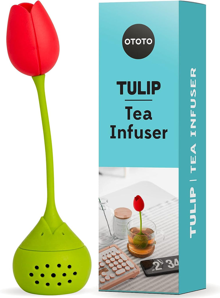 This clever, ruby-red Tulip will cheer up your day and help you to relax and unwind. Simply fill it with your favorite tea and plant it into your cup or mug for the perfect tea infusion. Material: Stainless steel and silicone - BPA free Dimensions: 6" x 1.3"