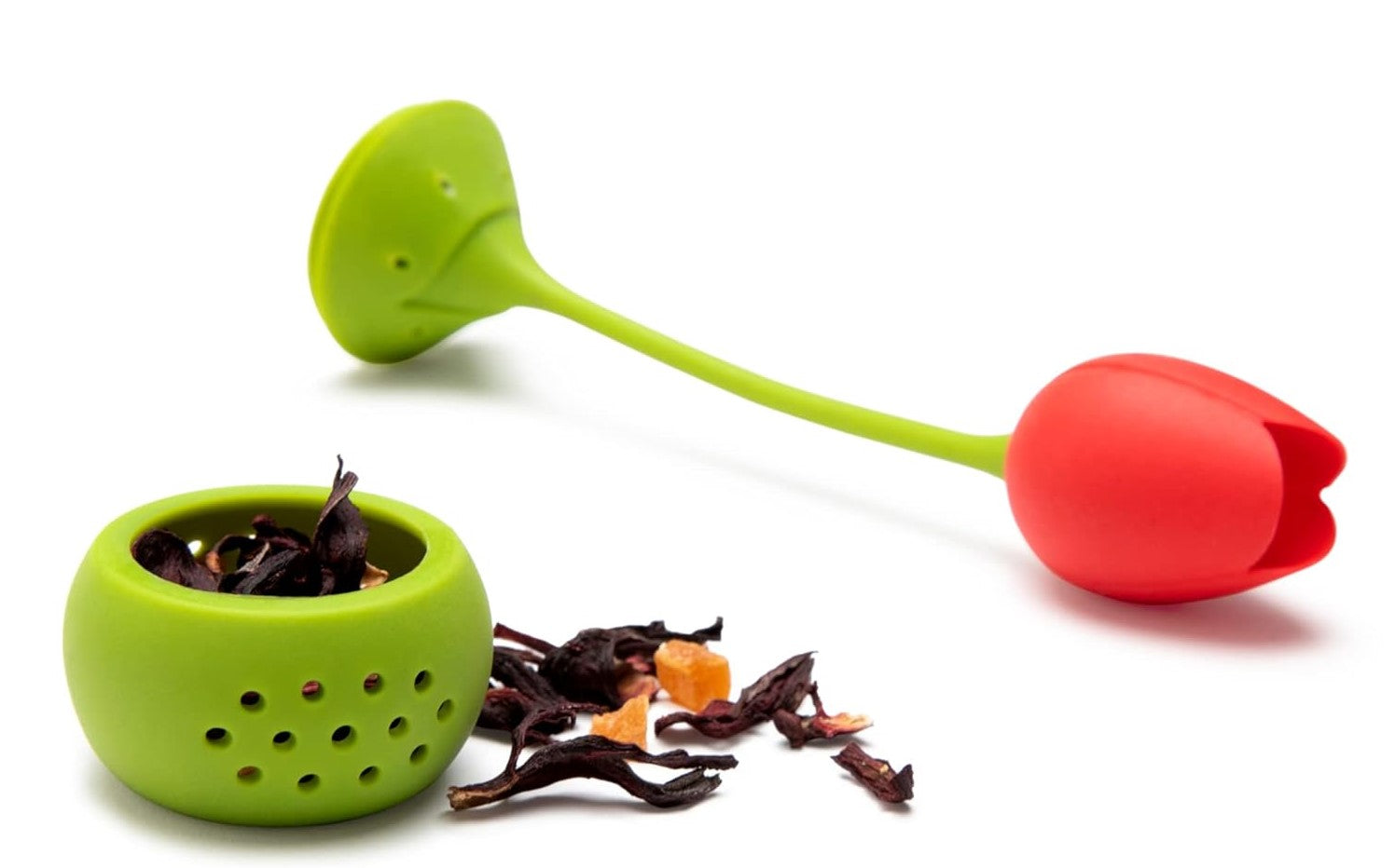 This clever, ruby-red Tulip will cheer up your day and help you to relax and unwind. Simply fill it with your favorite tea and plant it into your cup or mug for the perfect tea infusion. Material: Stainless steel and silicone - BPA free Dimensions: 6" x 1.3"