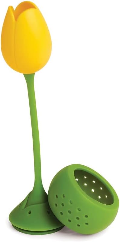 This clever, sunshine-yellow Tulip will cheer up your day and help you to relax and unwind. Simply fill it with your favorite tea and plant it into your cup or mug for the perfect tea infusion. Material: Stainless steel and silicone - BPA free Dimensions: 6" x 1.3".