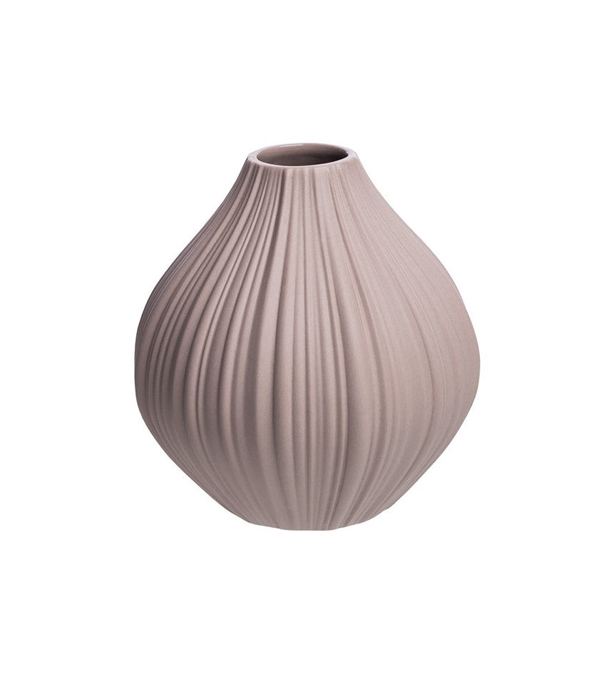 This tulip-shaped, vintage style, simple vase is made of stoneware and makes every flower decoration look special. The delicate lines on the surface of the vase, coupled with the pastel rose color makes this vase understated, yet eyecatching. Stoneware vase Dimensions: 3.75" x 4.75"