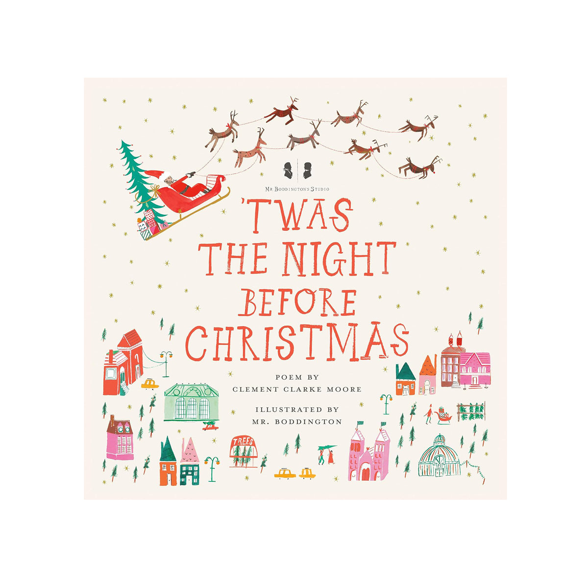Book cover of 'Twas the Night Before Christmas with festive illustrations on a white background