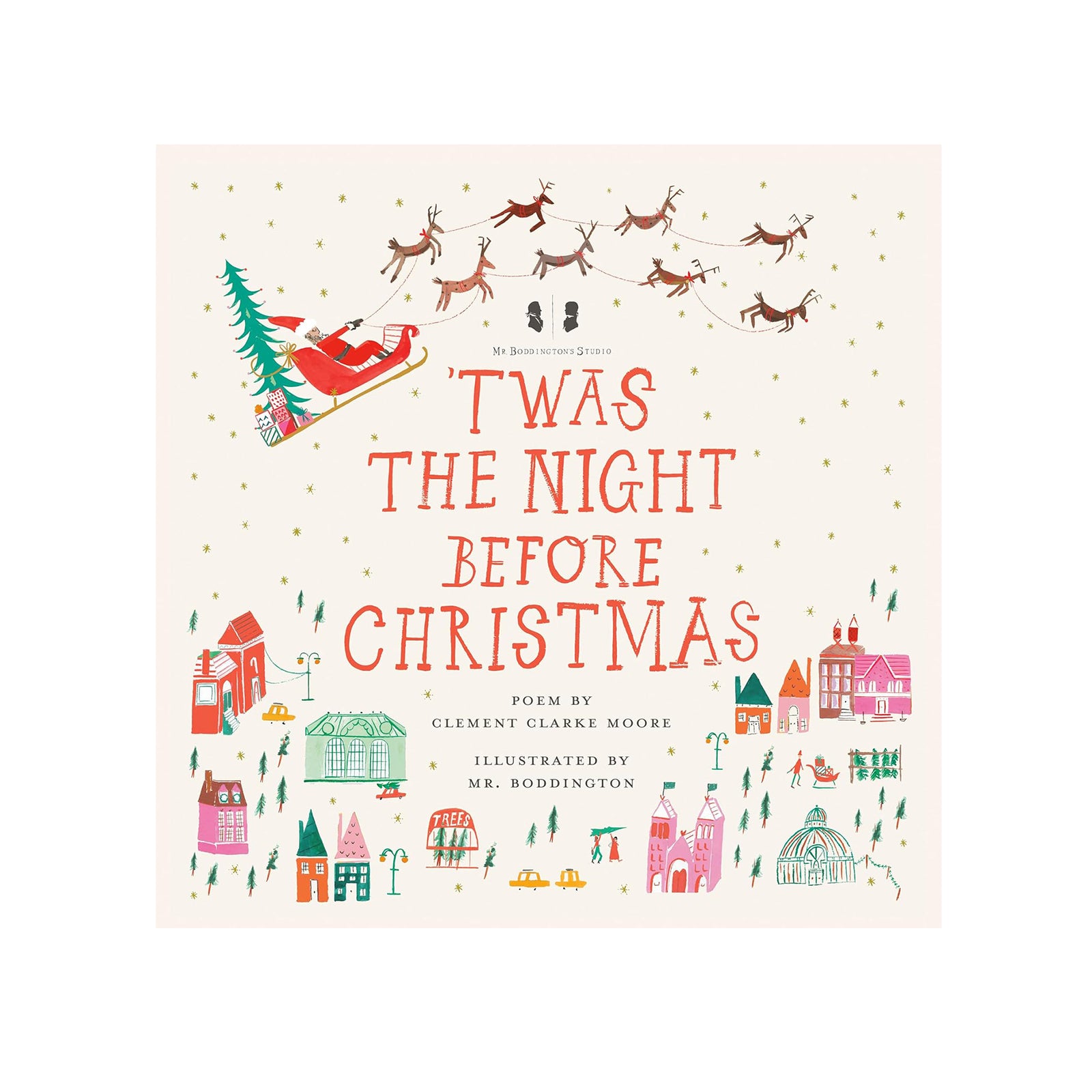 Book cover of 'Twas the Night Before Christmas with festive illustrations on a white background